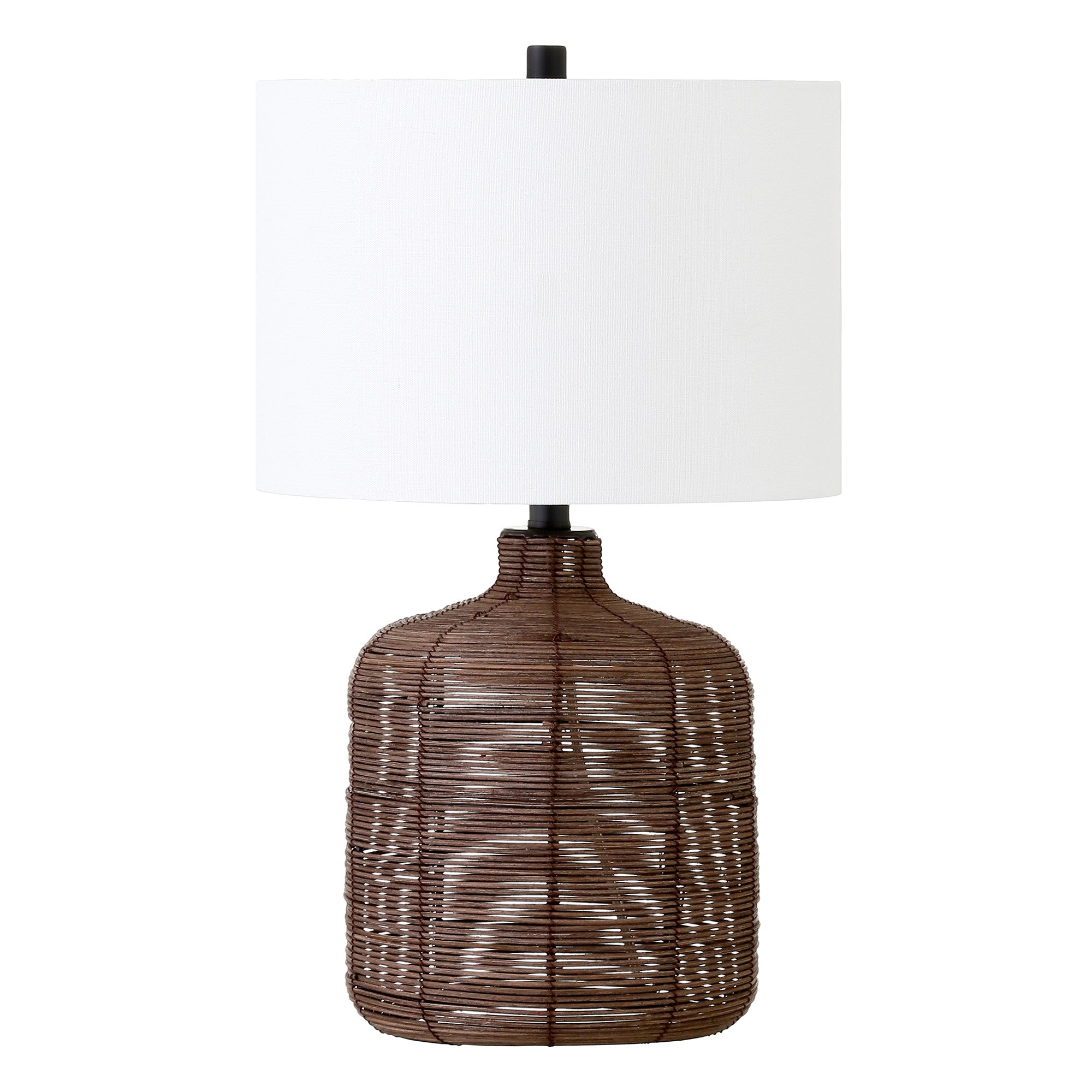 20" Umber Rattan Table Lamp With White Drum Shade