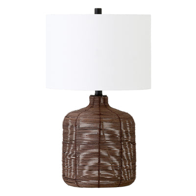 20" Umber Rattan Table Lamp With White Drum Shade 