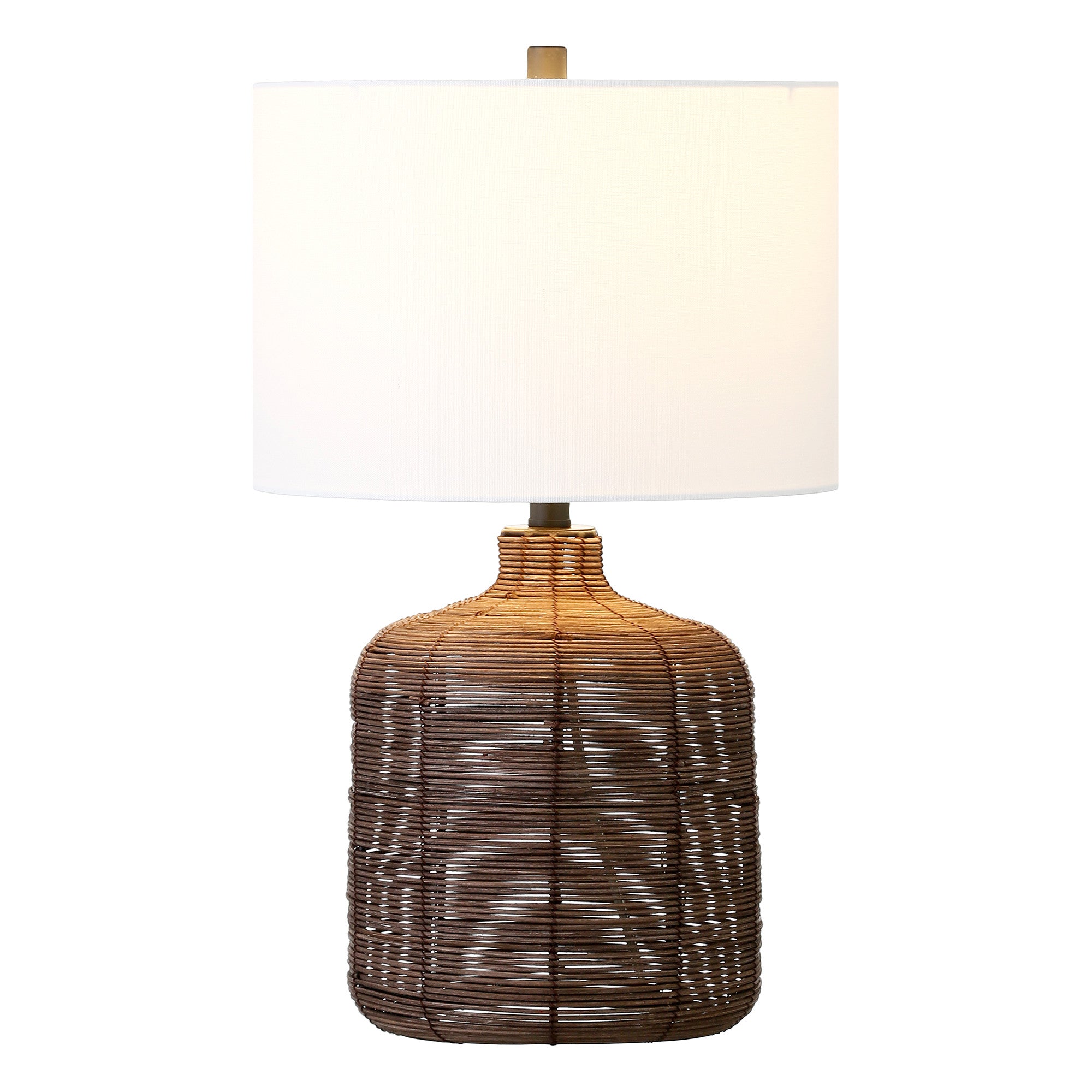 20" Umber Rattan Table Lamp With White Drum Shade