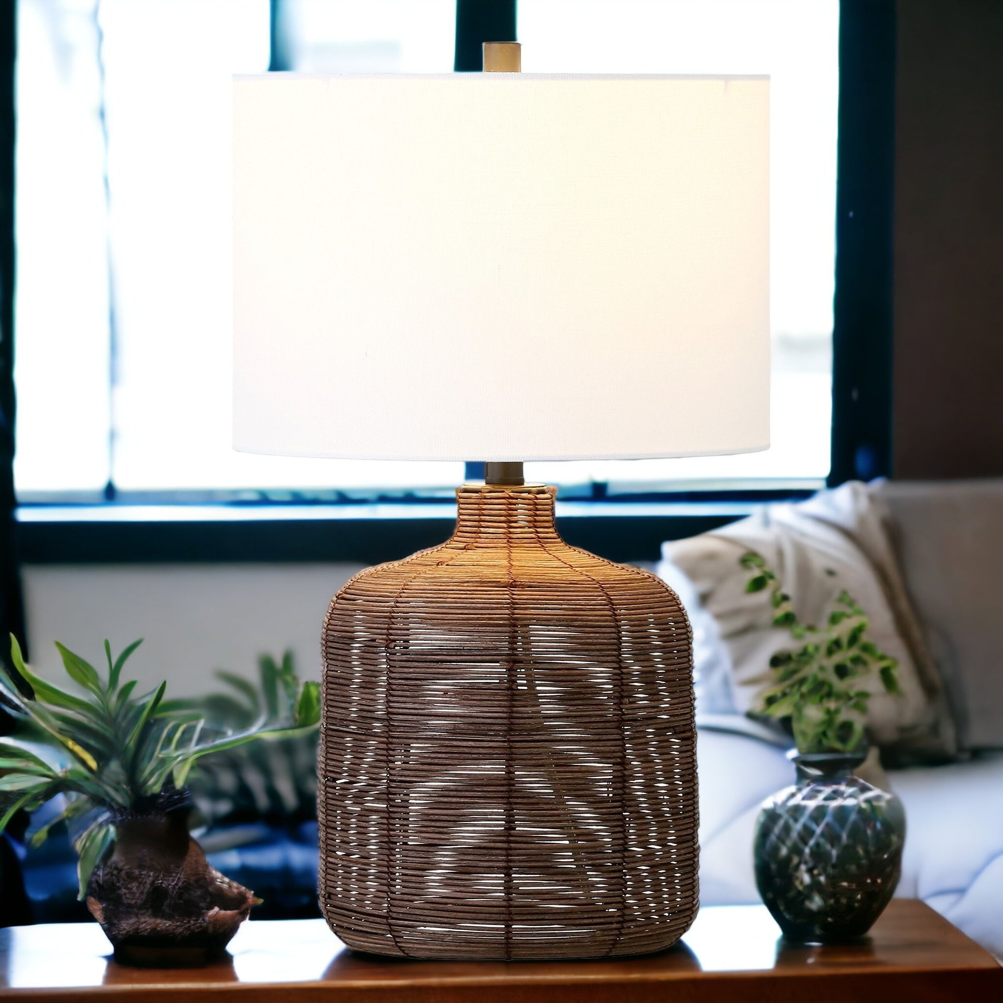 20" Umber Rattan Table Lamp With White Drum Shade