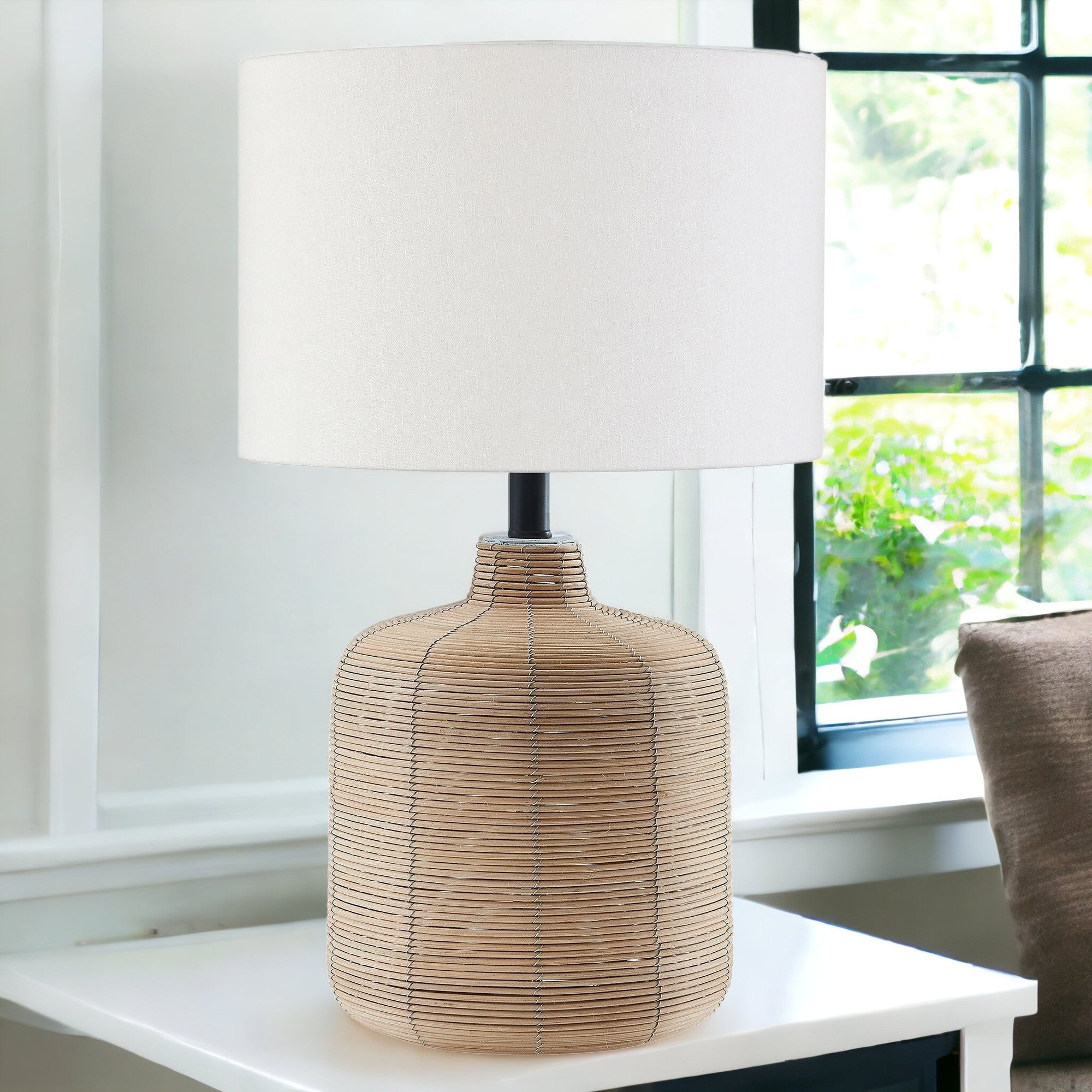 20" Natural Rattan Table Lamp With White Drum Shade