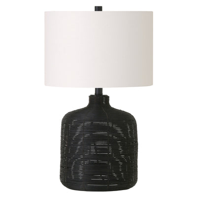 20" Black Rattan Table Lamp With White Drum Shade 