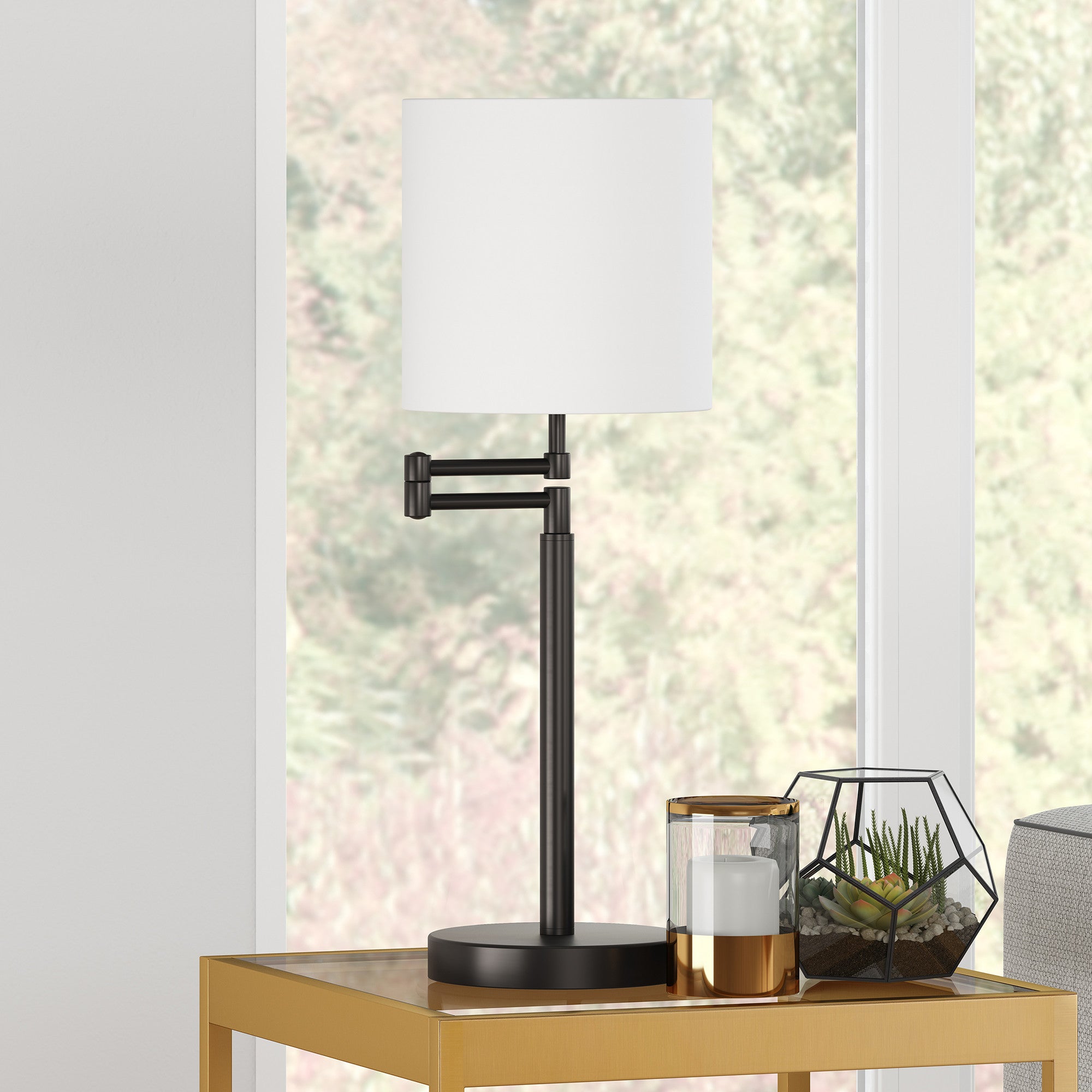 25" Black Metal Table Lamp With White Drum Shade