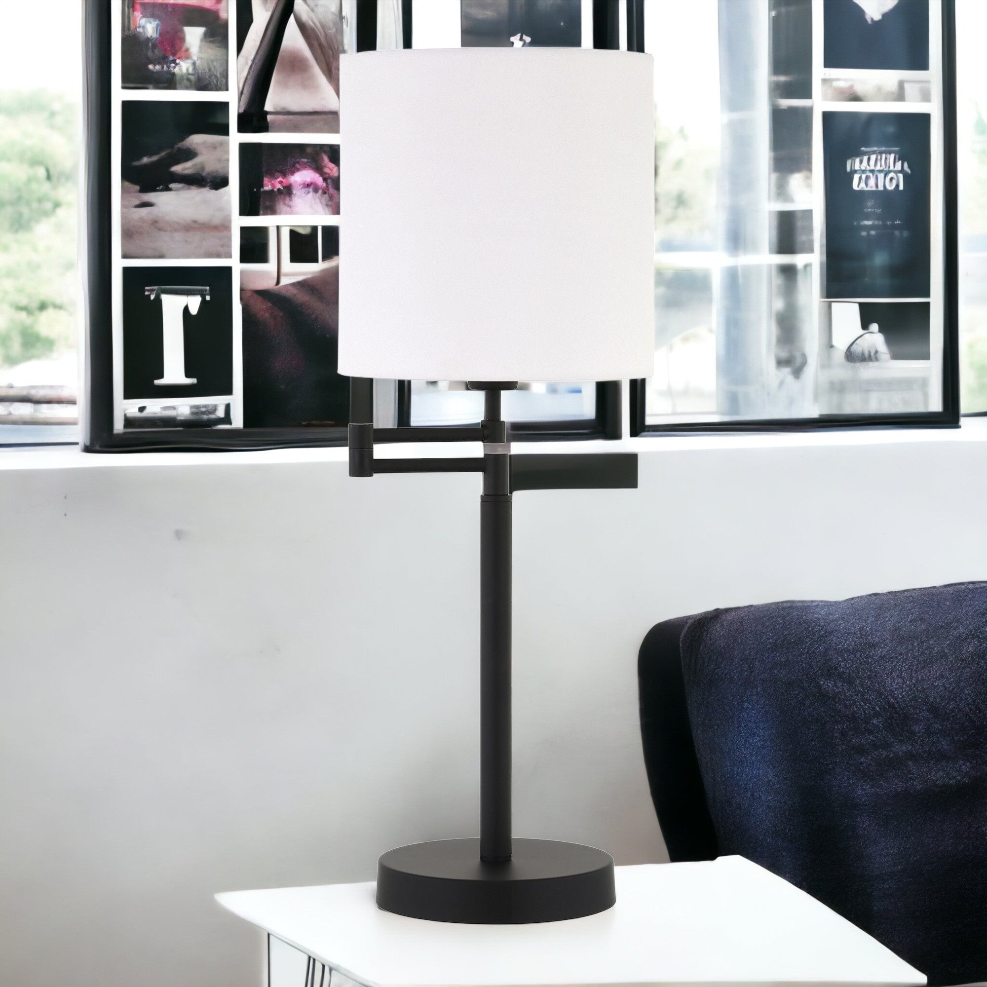 25" Black Metal Table Lamp With White Drum Shade