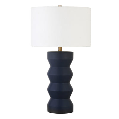 28" Navy Blue Ceramic Table Lamp With White Drum Shade 