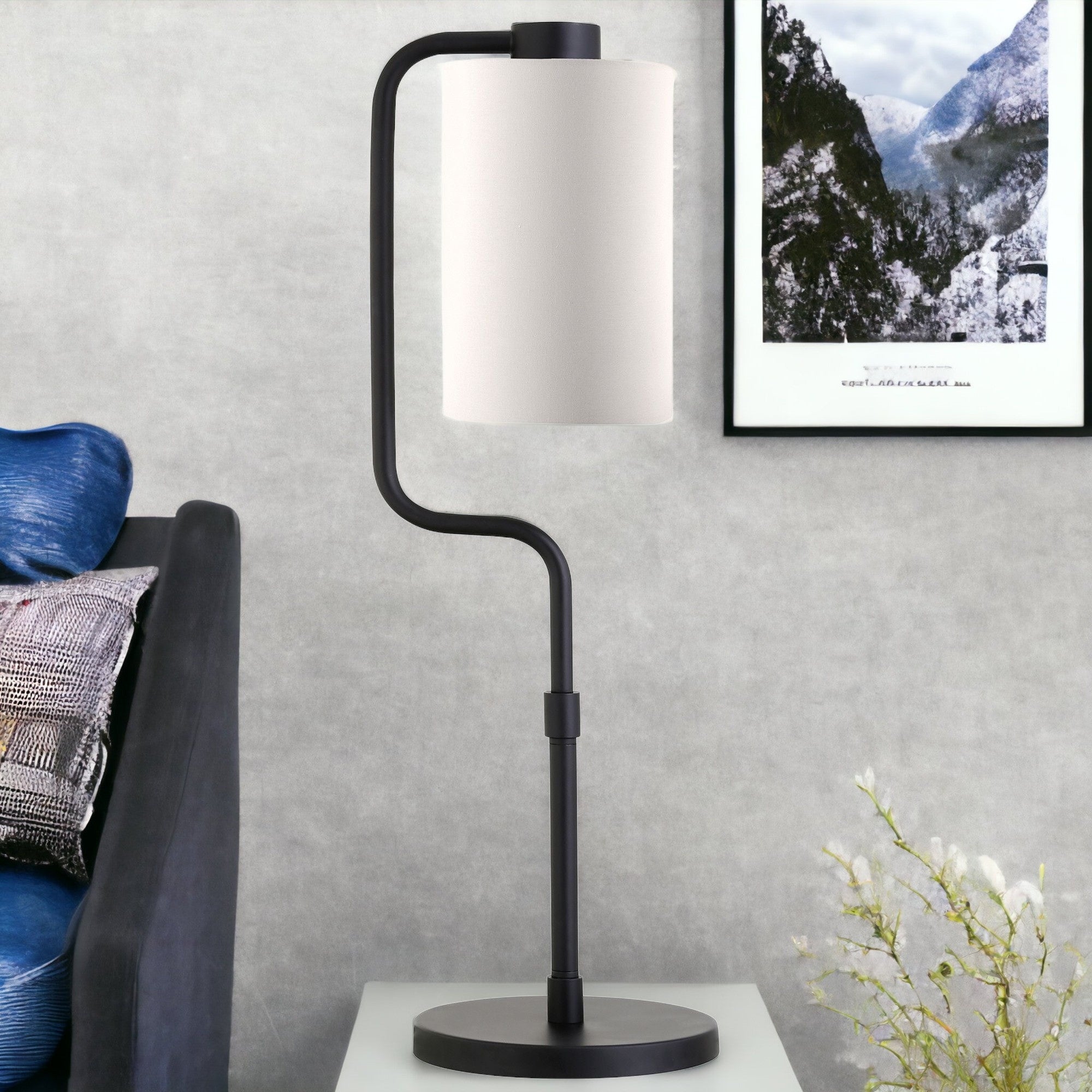 24" Black Metal Table Lamp With White Cylinder Shade