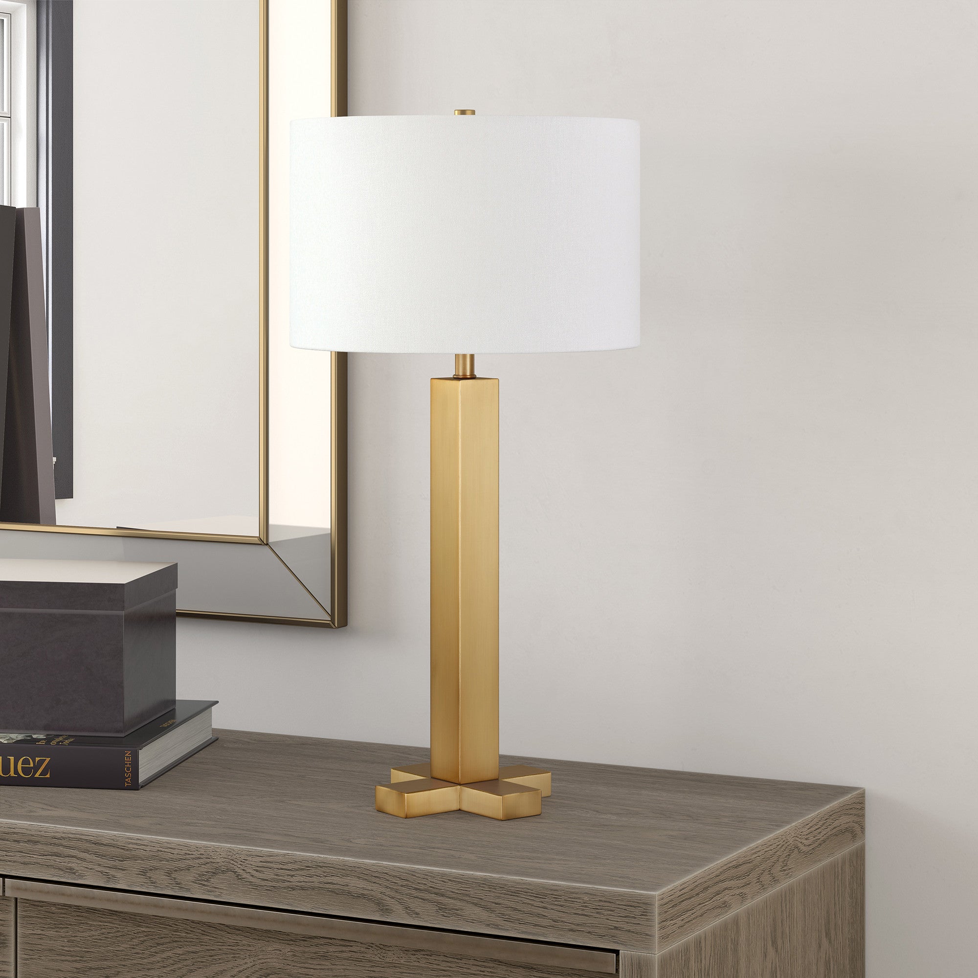 27" Brass Metal Table Lamp With White Drum Shade