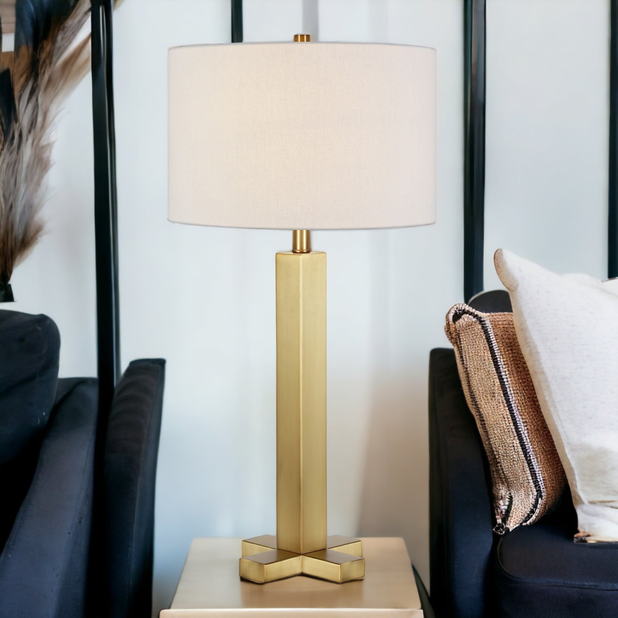 27" Brass Metal Table Lamp With White Drum Shade