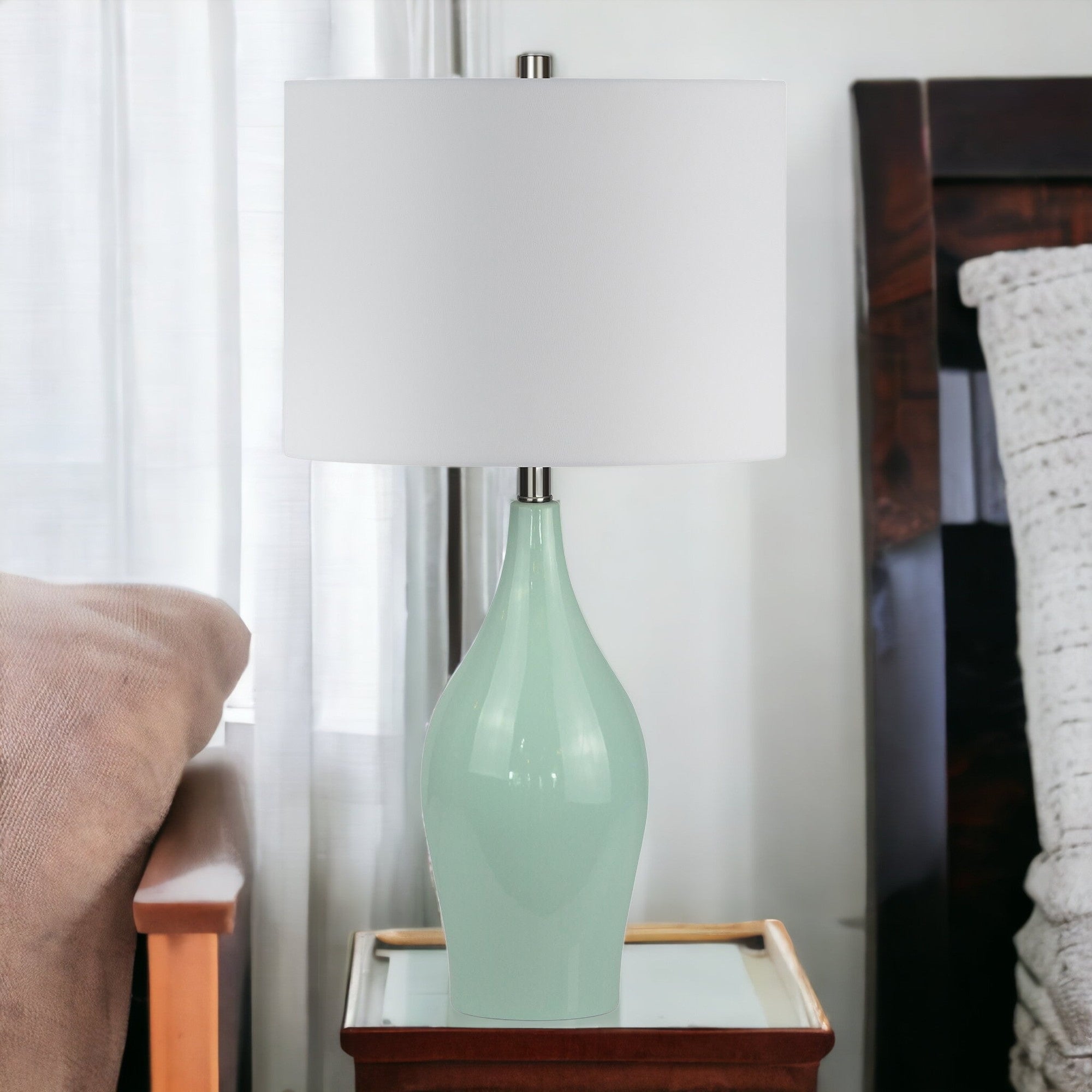 28" Teal Blue Porcelain Table Lamp With White Drum Shade