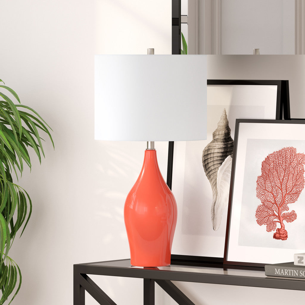 28" Coral Porcelain Table Lamp With White Drum Shade