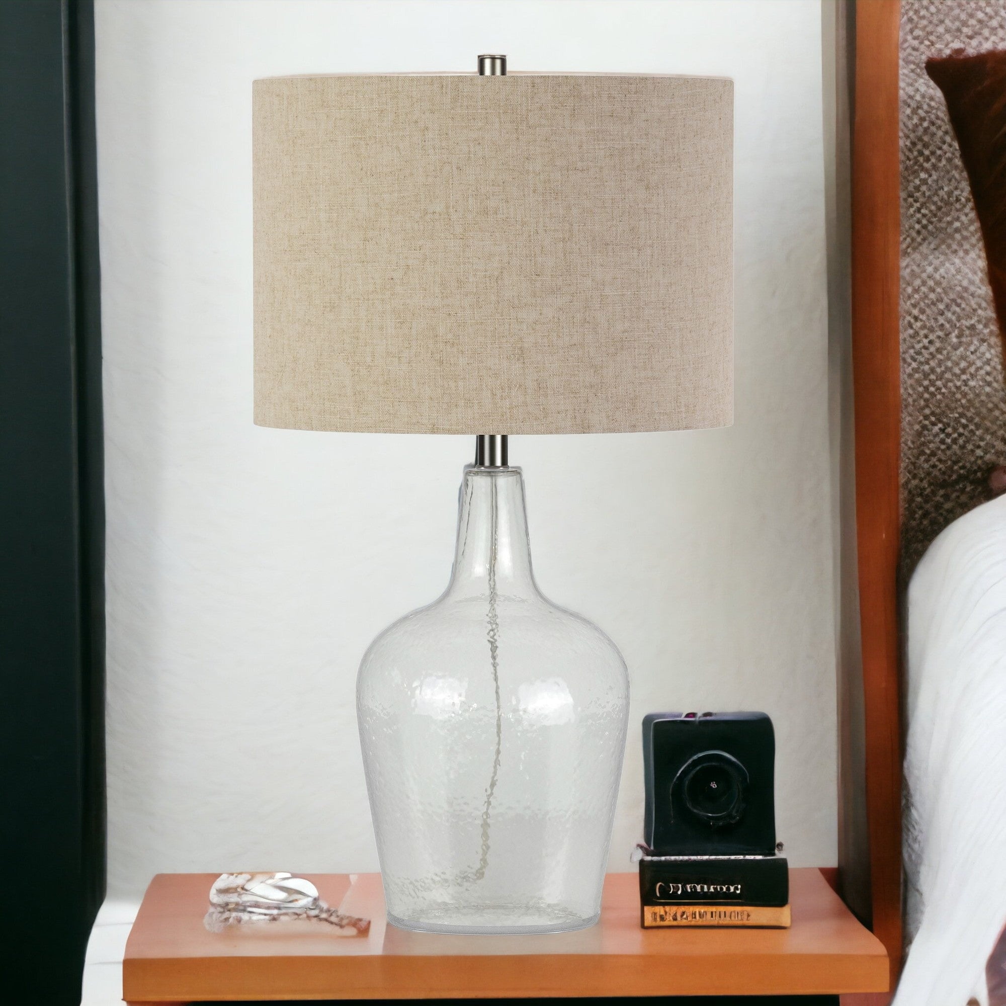 26" Clear Glass Table Lamp With Flax Drum Shade 