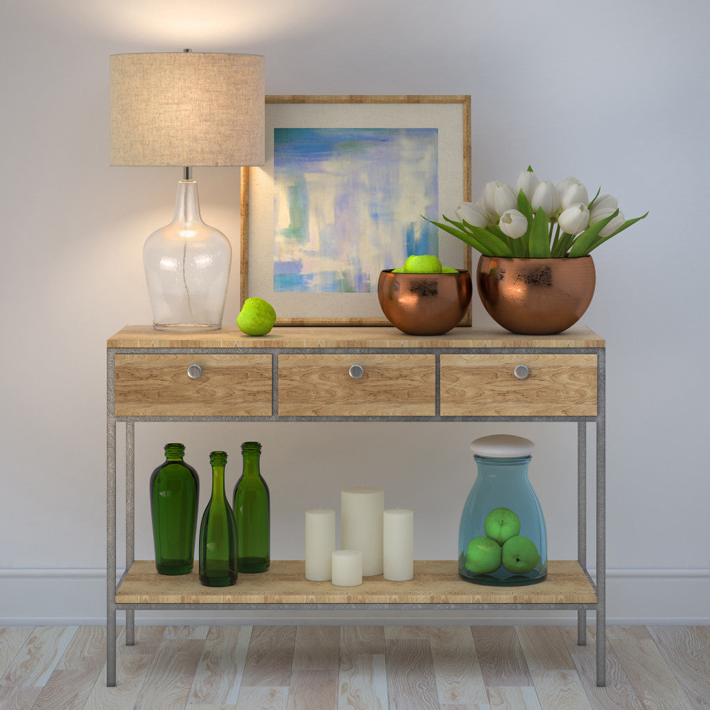 26" Clear Glass Table Lamp With Flax Drum Shade 