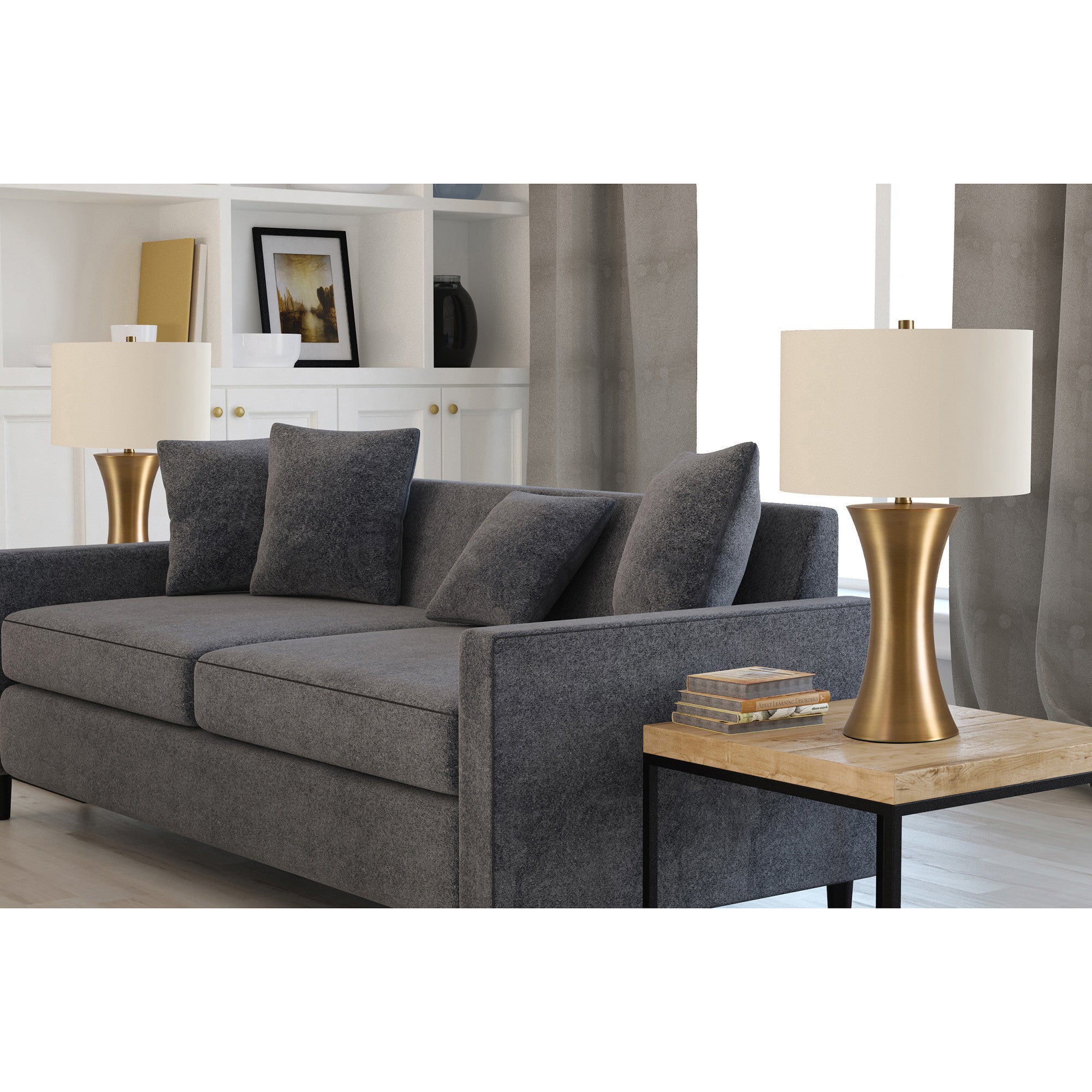 24" Antiqued Brass Metal Table Lamp With White Drum Shade 