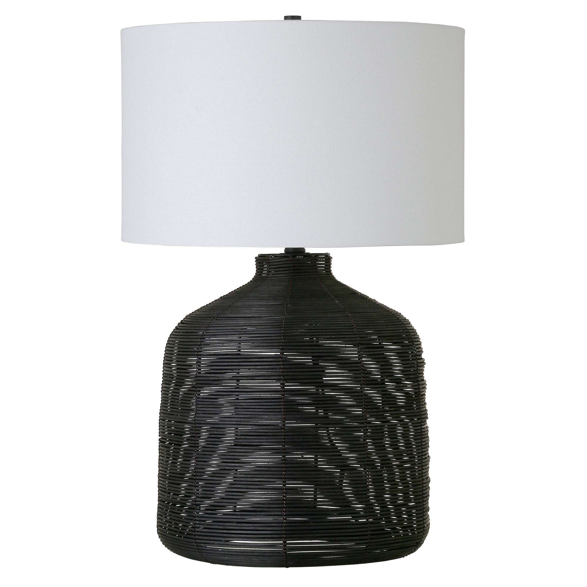 27" Black Rattan Table Lamp With White Drum Shade 