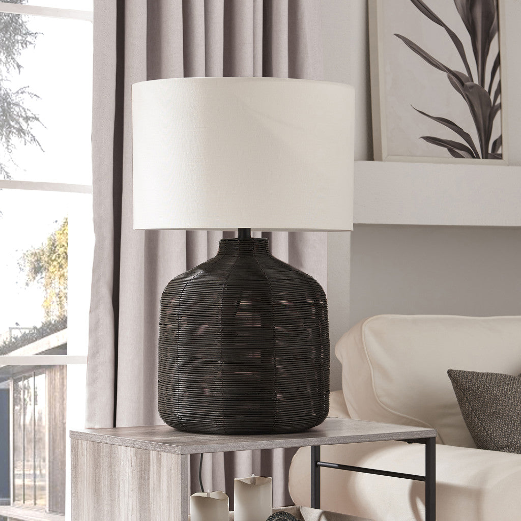 27" Black Rattan Table Lamp With White Drum Shade 