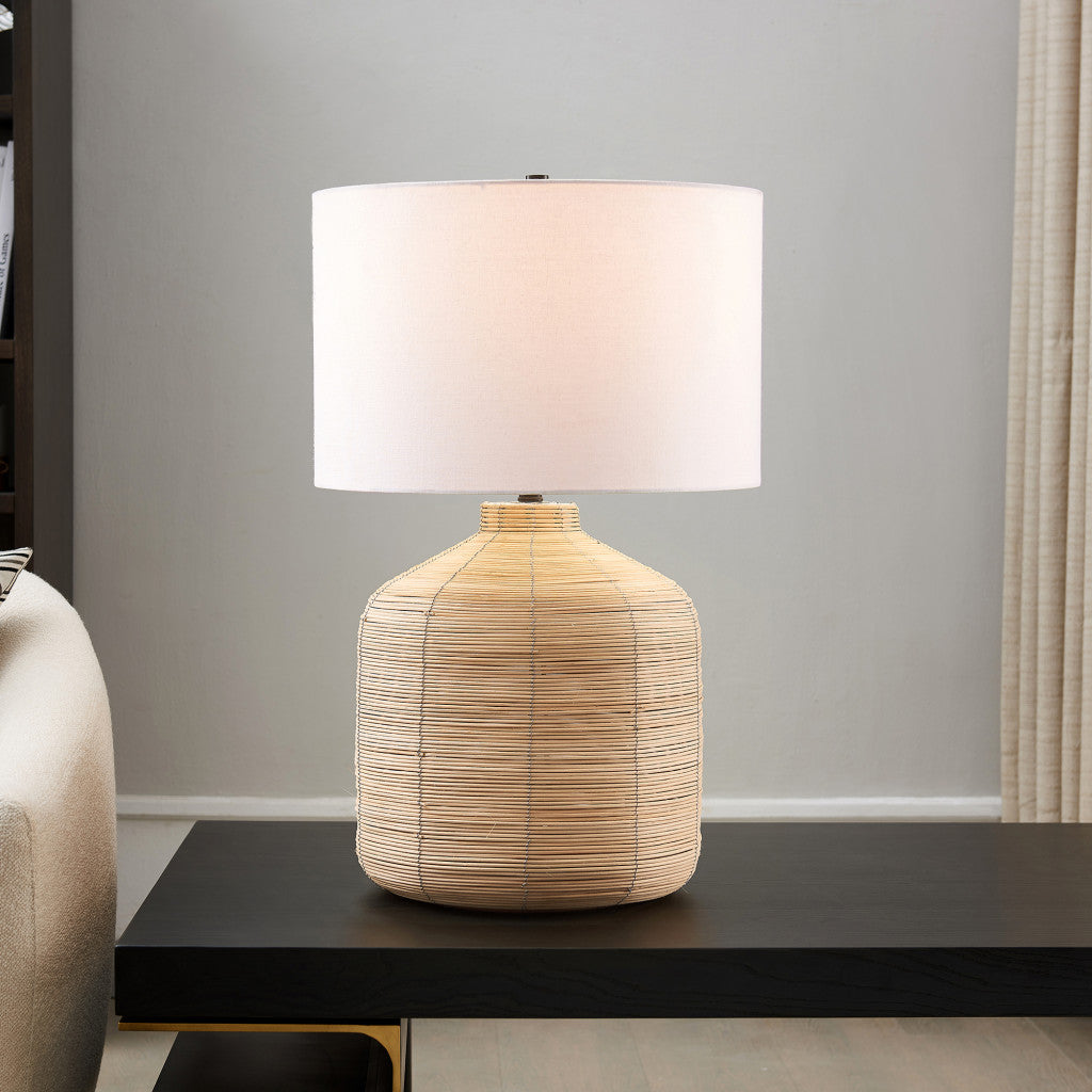 27" Natural Rattan Table Lamp With White Drum Shade 