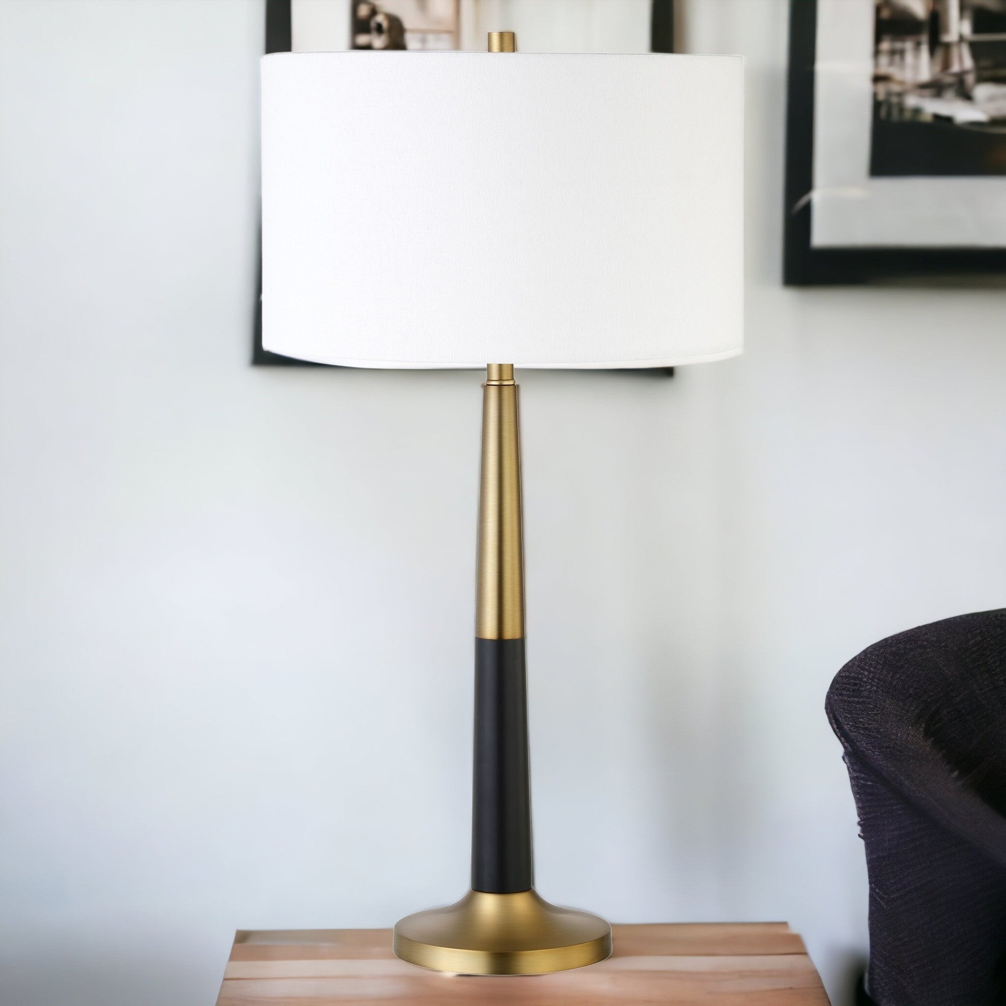 29" Black and Gold Metal Table Lamp With White Drum Shade 
