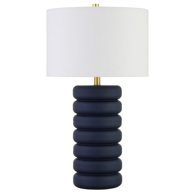 25" Navy Blue Ceramic Table Lamp With White Drum Shade 