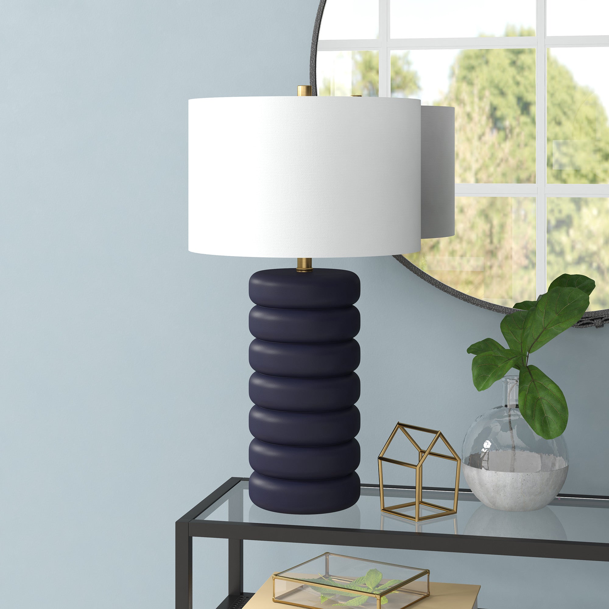 25" Navy Blue Ceramic Table Lamp With White Drum Shade 