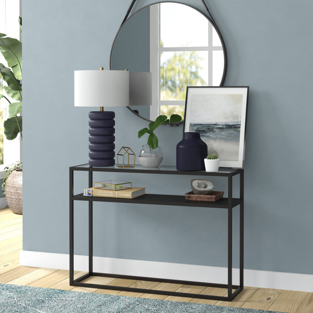 25" Navy Blue Ceramic Table Lamp With White Drum Shade 