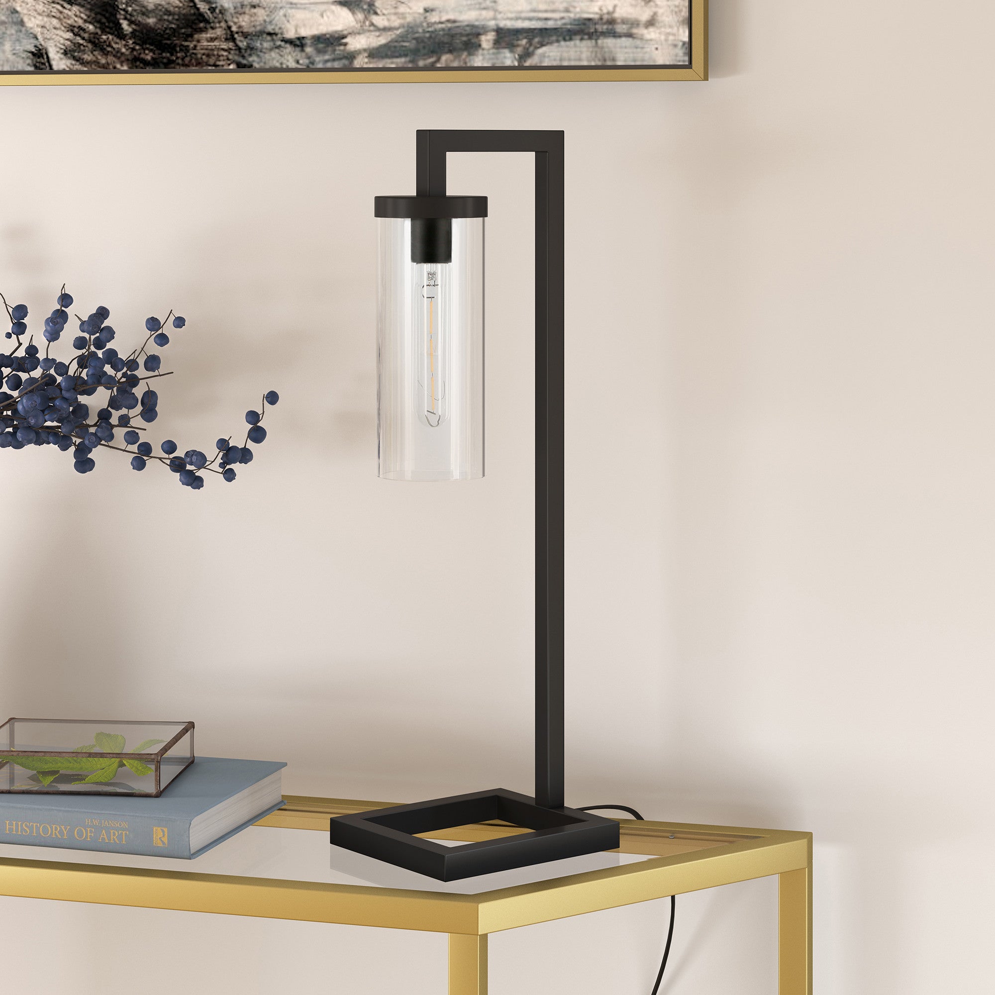 26" Black Metal Arched Table Lamp With Clear Cylinder Shade 