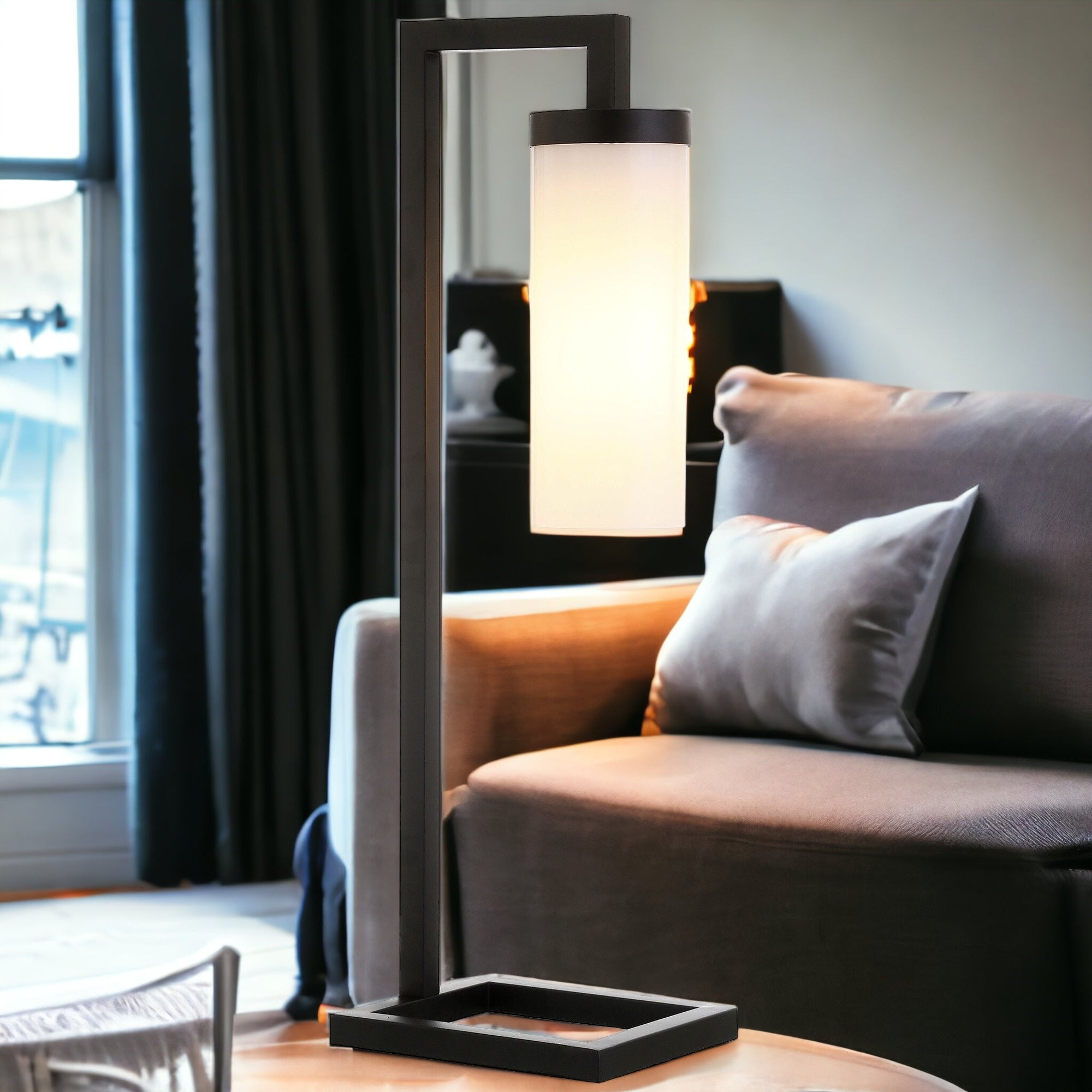 26" Black Metal Arched Table Lamp With White Cylinder Shade 