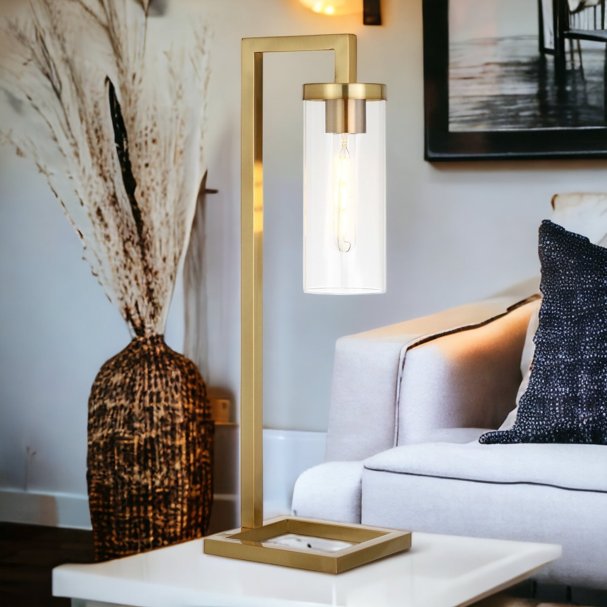 26" Brass Metal Arched Table Lamp With Clear Cylinder Shade 