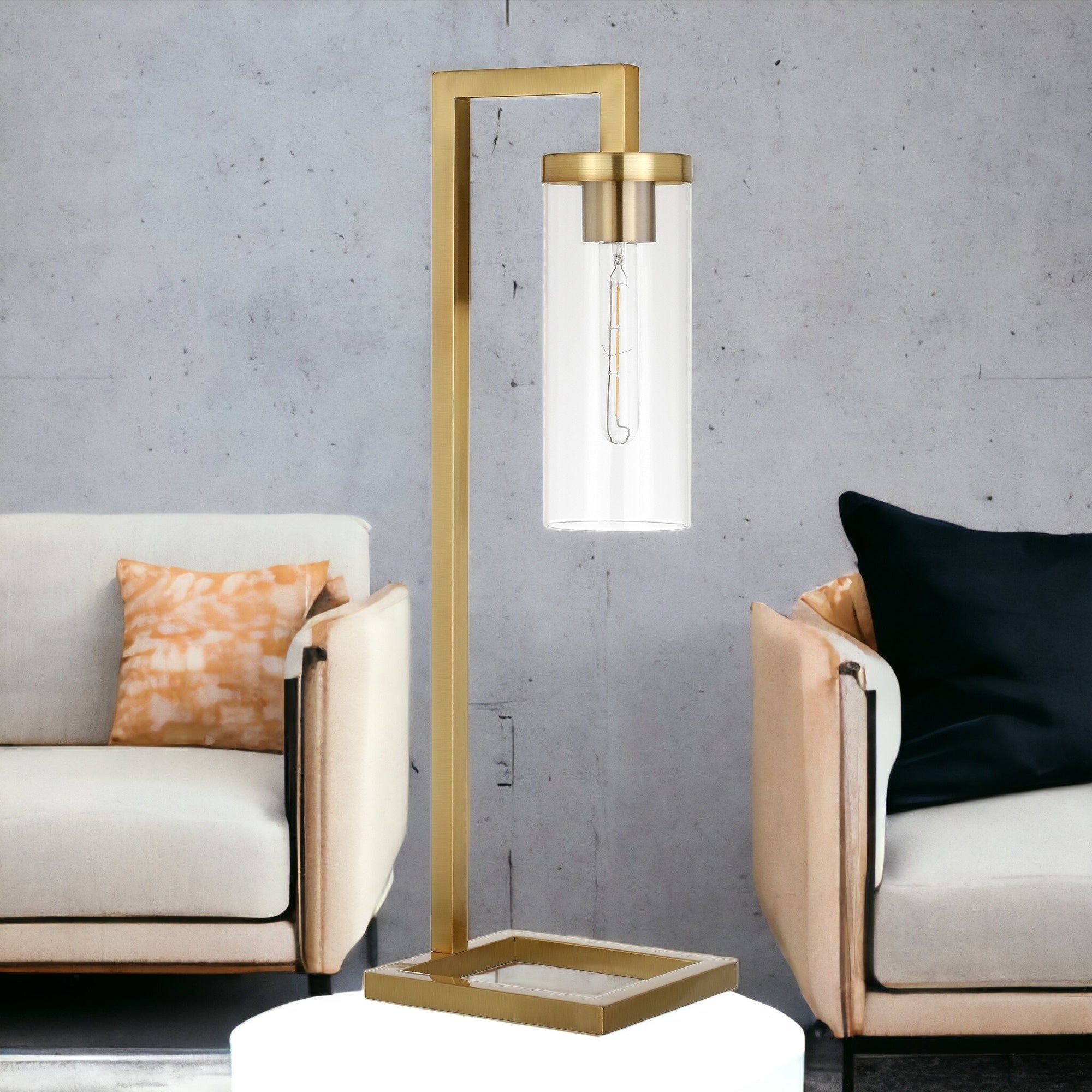 26" Brass Metal Arched Table Lamp With Clear Cylinder Shade 