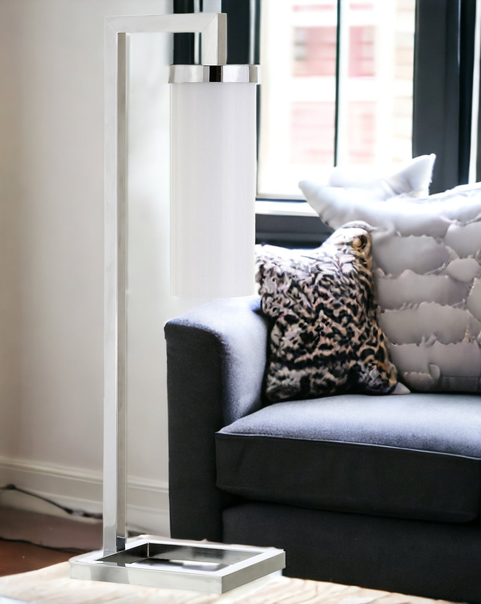 26" Nickel Metal Arched Table Lamp With White Cylinder Shade 