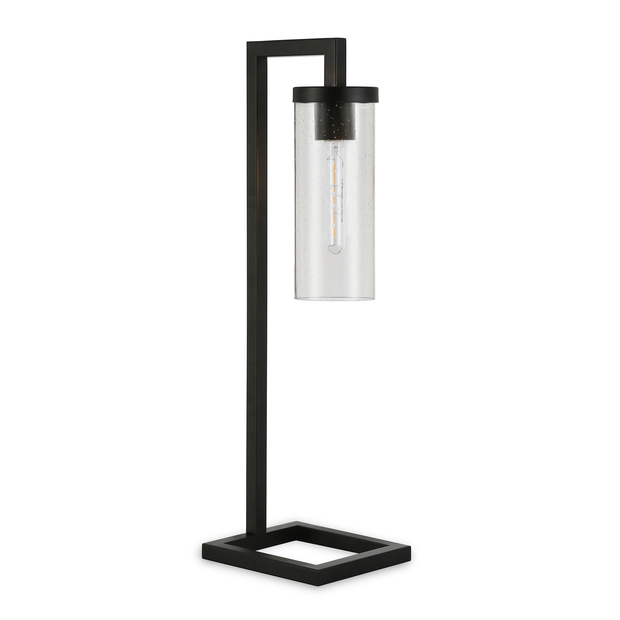 26" Black Metal Arched Table Lamp With Clear Seeded Cylinder Shade 