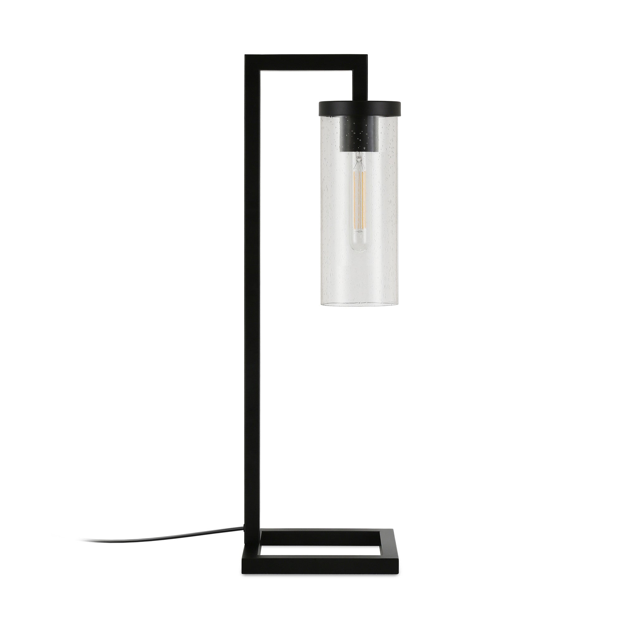 26" Black Metal Arched Table Lamp With Clear Seeded Cylinder Shade 