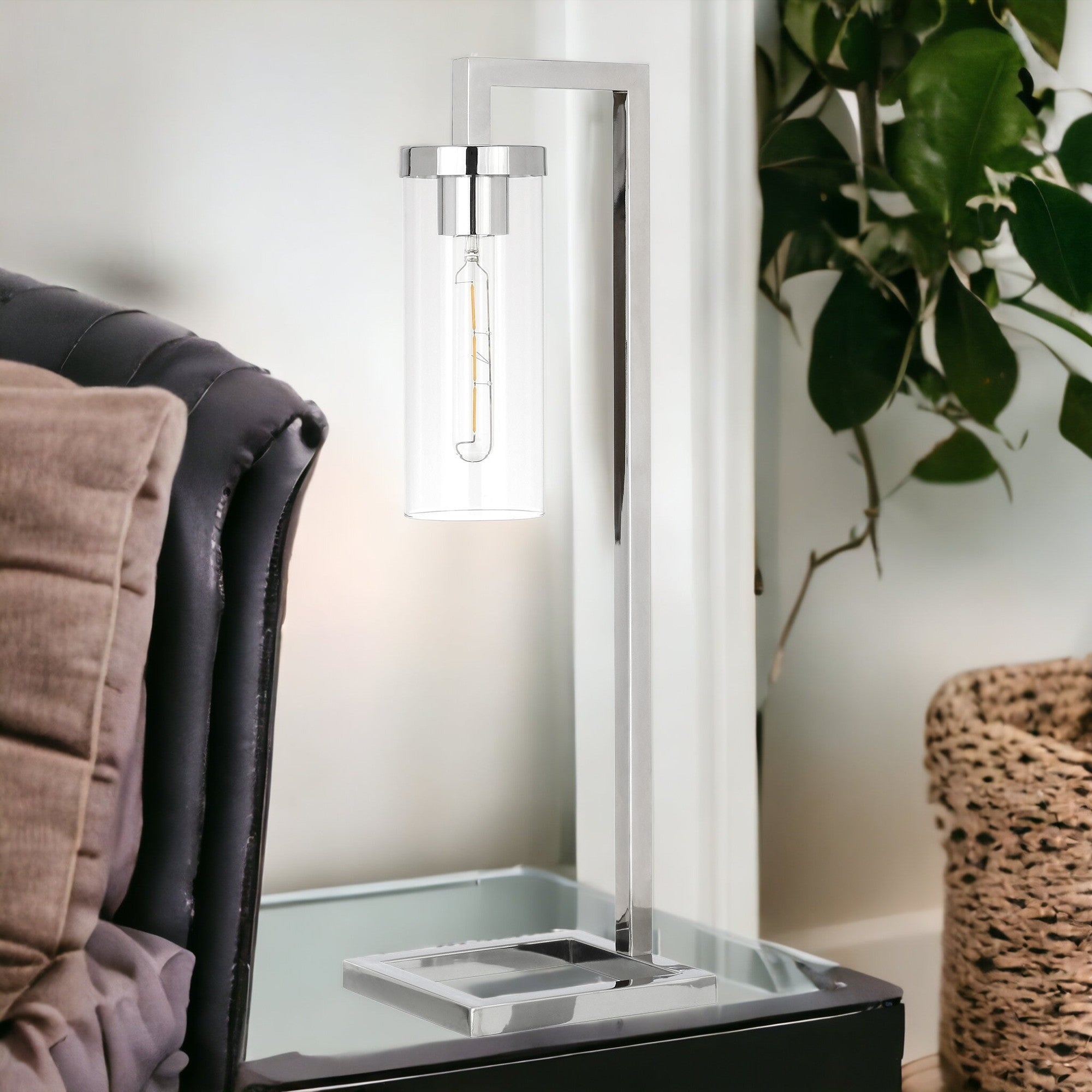 26" Nickel Metal Arched Table Lamp With Clear Cylinder Shade 