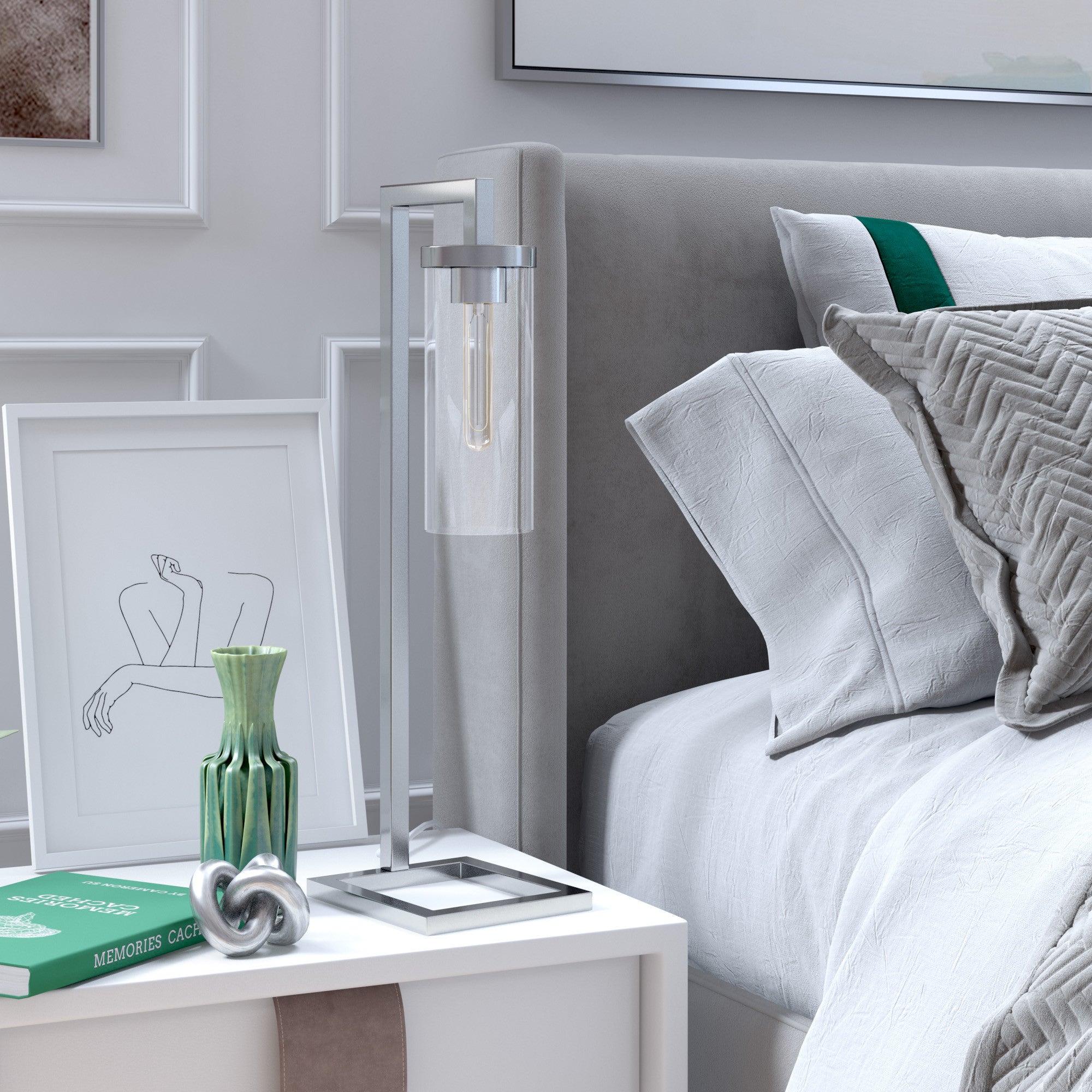 26" Nickel Metal Arched Table Lamp With Clear Cylinder Shade 