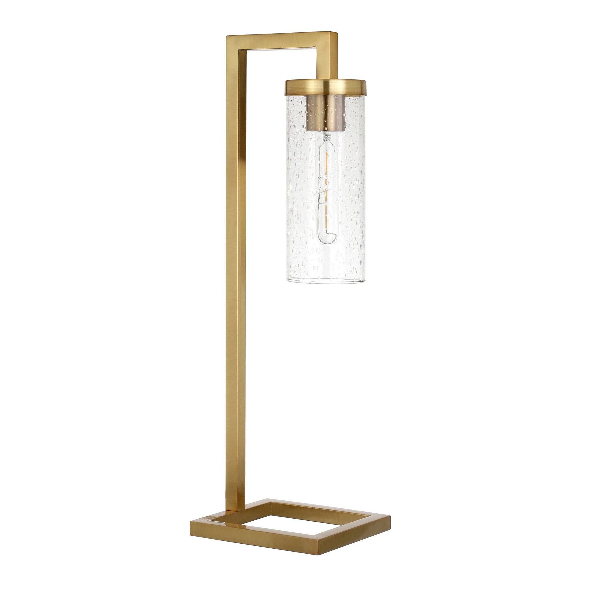 26" Brass Metal Arched Table Lamp With Clear Seeded Cylinder Shade 