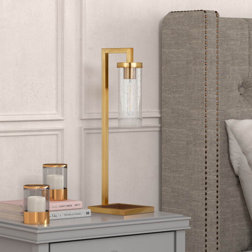 26" Brass Metal Arched Table Lamp With Clear Seeded Cylinder Shade 