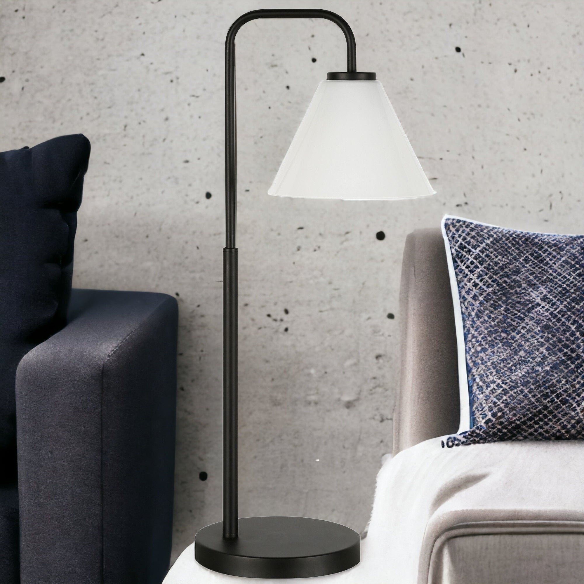 27" Black Metal Arched Table Lamp With White Cone Shade 