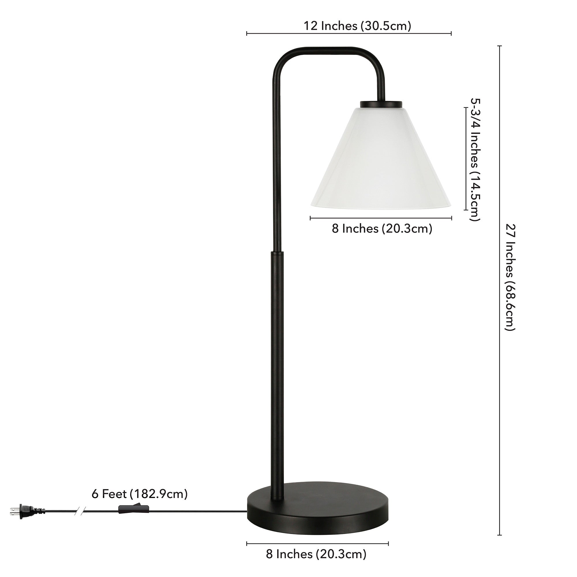 27" Black Metal Arched Table Lamp With White Cone Shade 