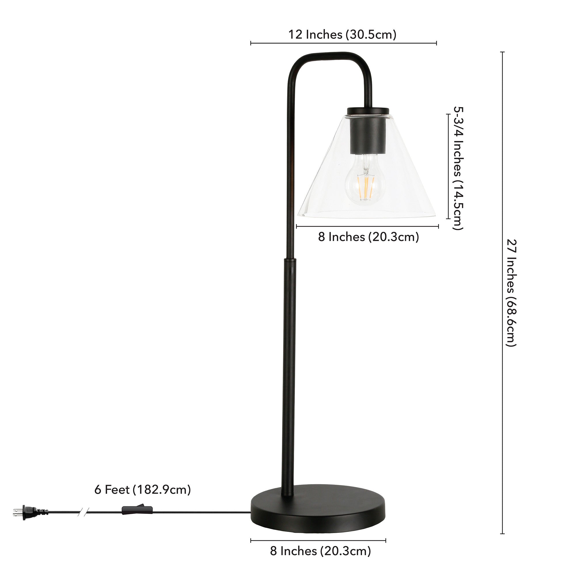 27" Black Metal Arched Table Lamp With Clear Cone Shade 