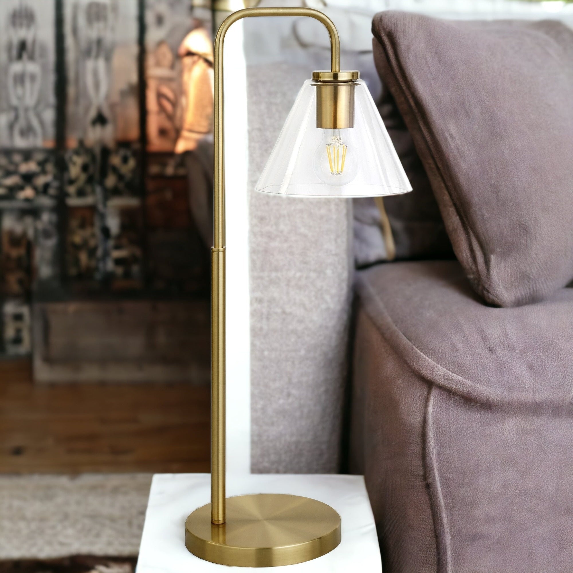 27" Brass Metal Arched Table Lamp With Clear Cone Shade 