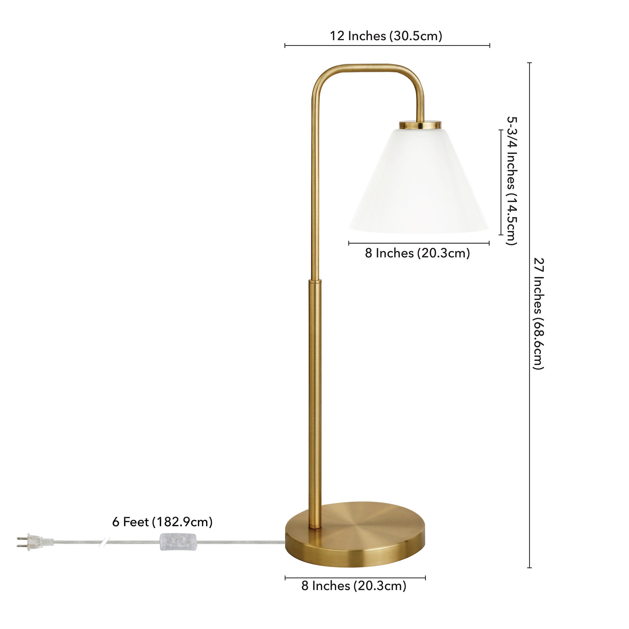 27" Brass Metal Arched Table Lamp With White Cone Shade 