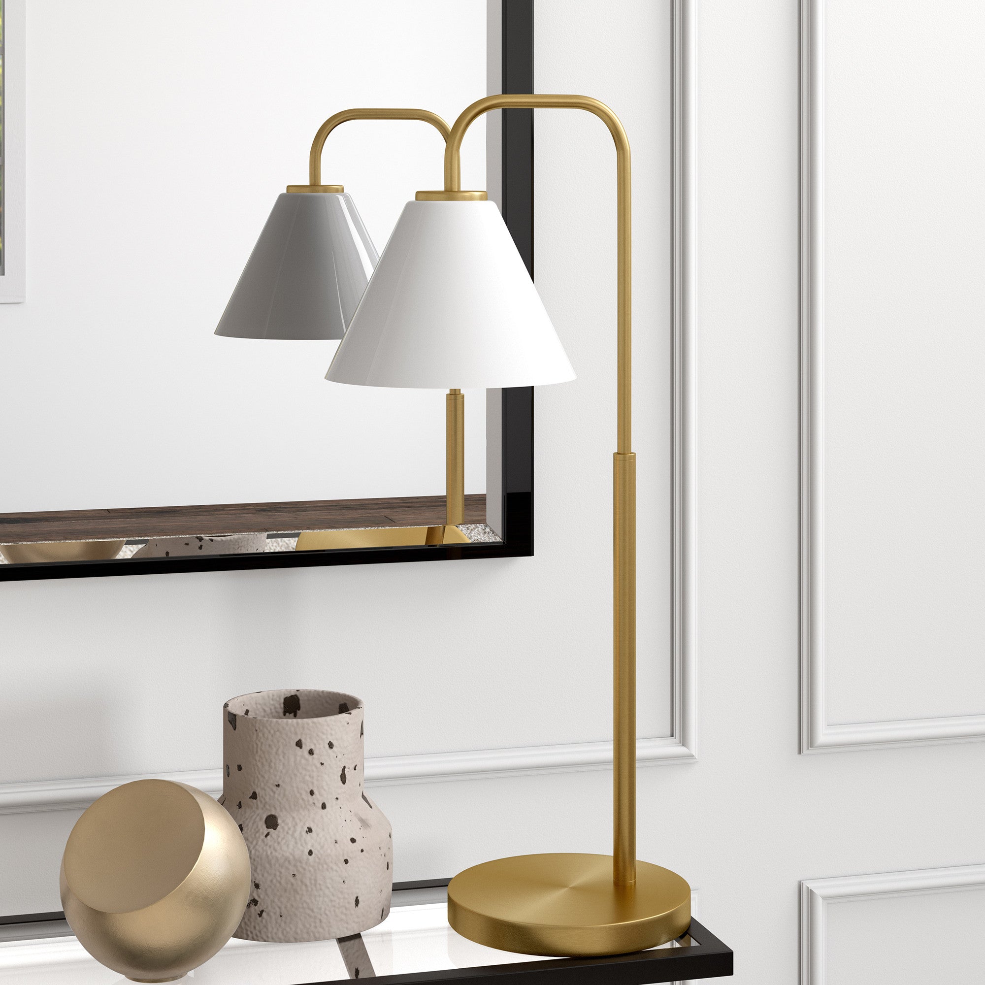 27" Brass Metal Arched Table Lamp With White Cone Shade 