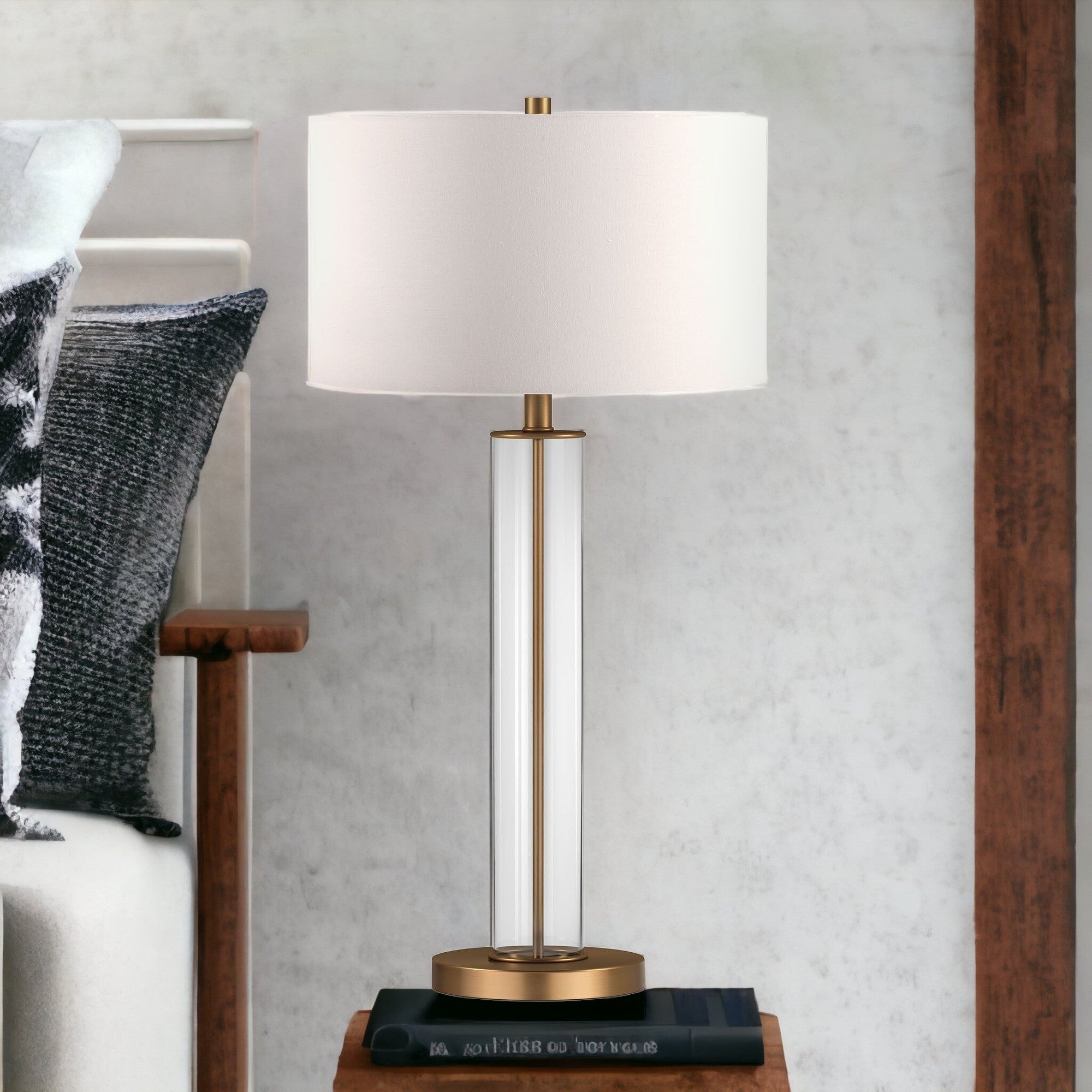 29" Brass Glass Table Lamp With White Drum Shade 