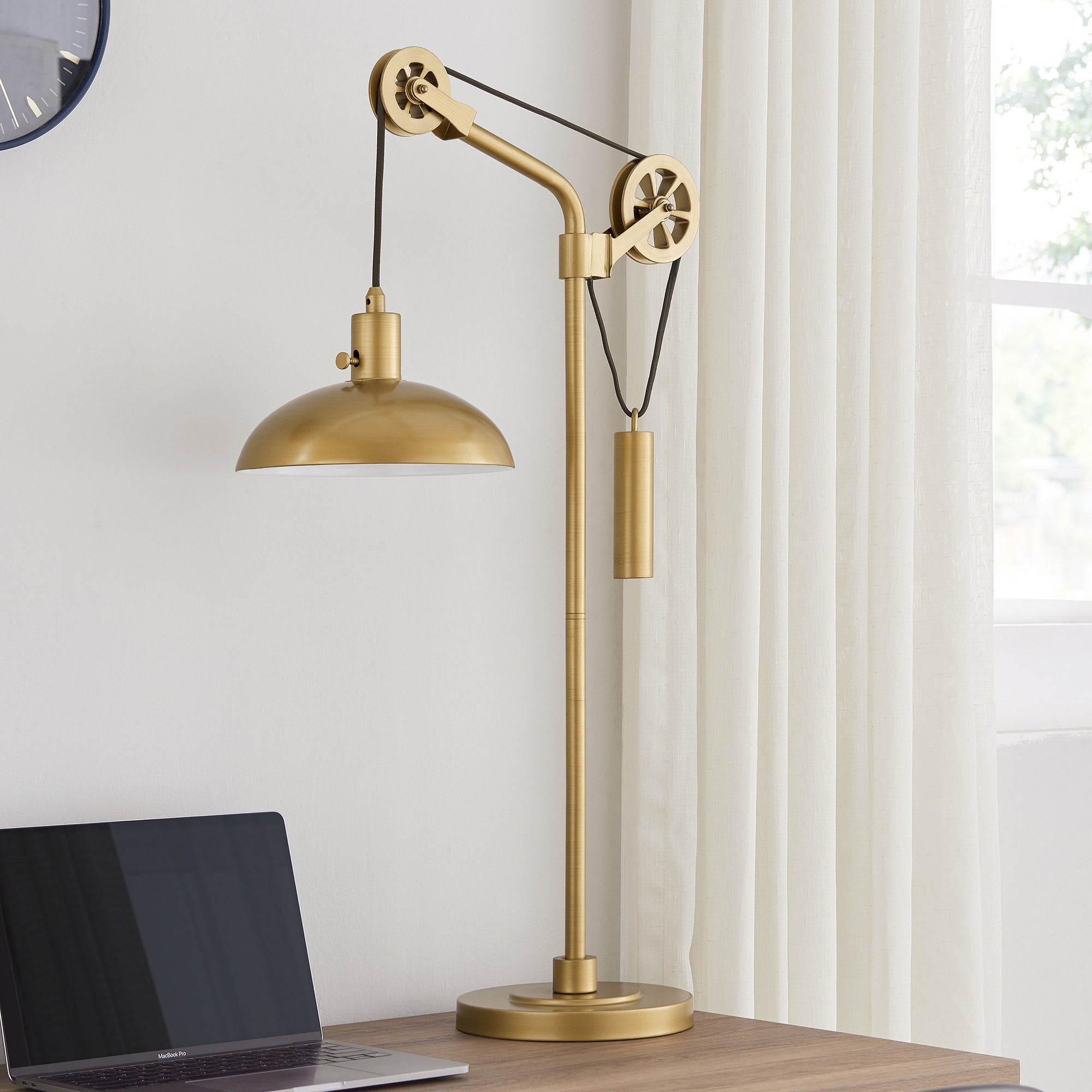 34" Brass Metal Adjustable Novelty Desk Table Lamp With Brass Dome Shade 