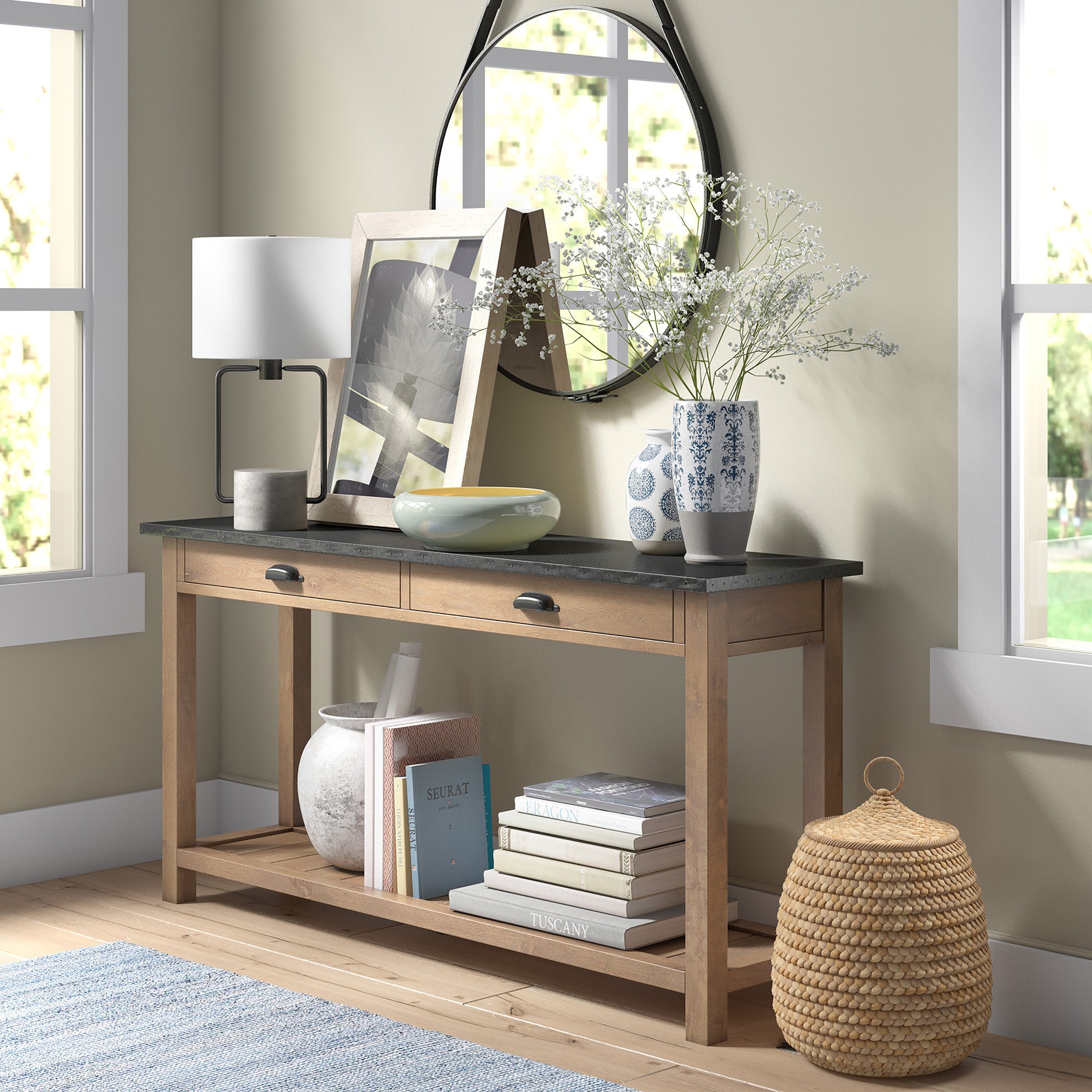 22" Black and Gray Concrete Table Lamp With White Drum Shade 