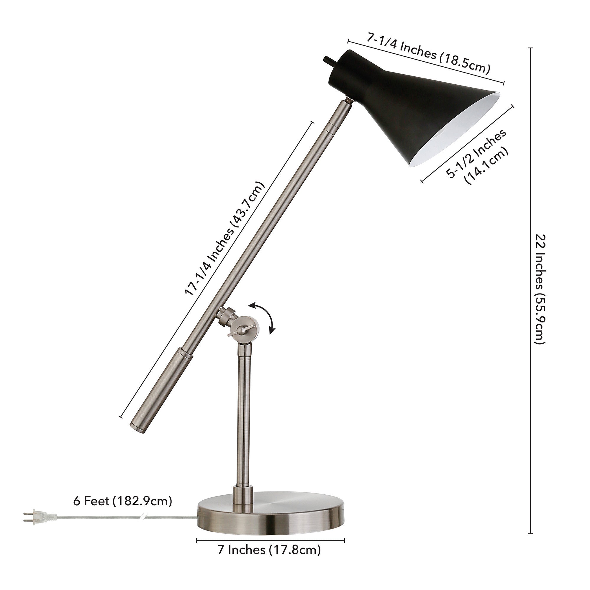 22" Nickel Metal Desk Table Lamp With Black Cone Shade 