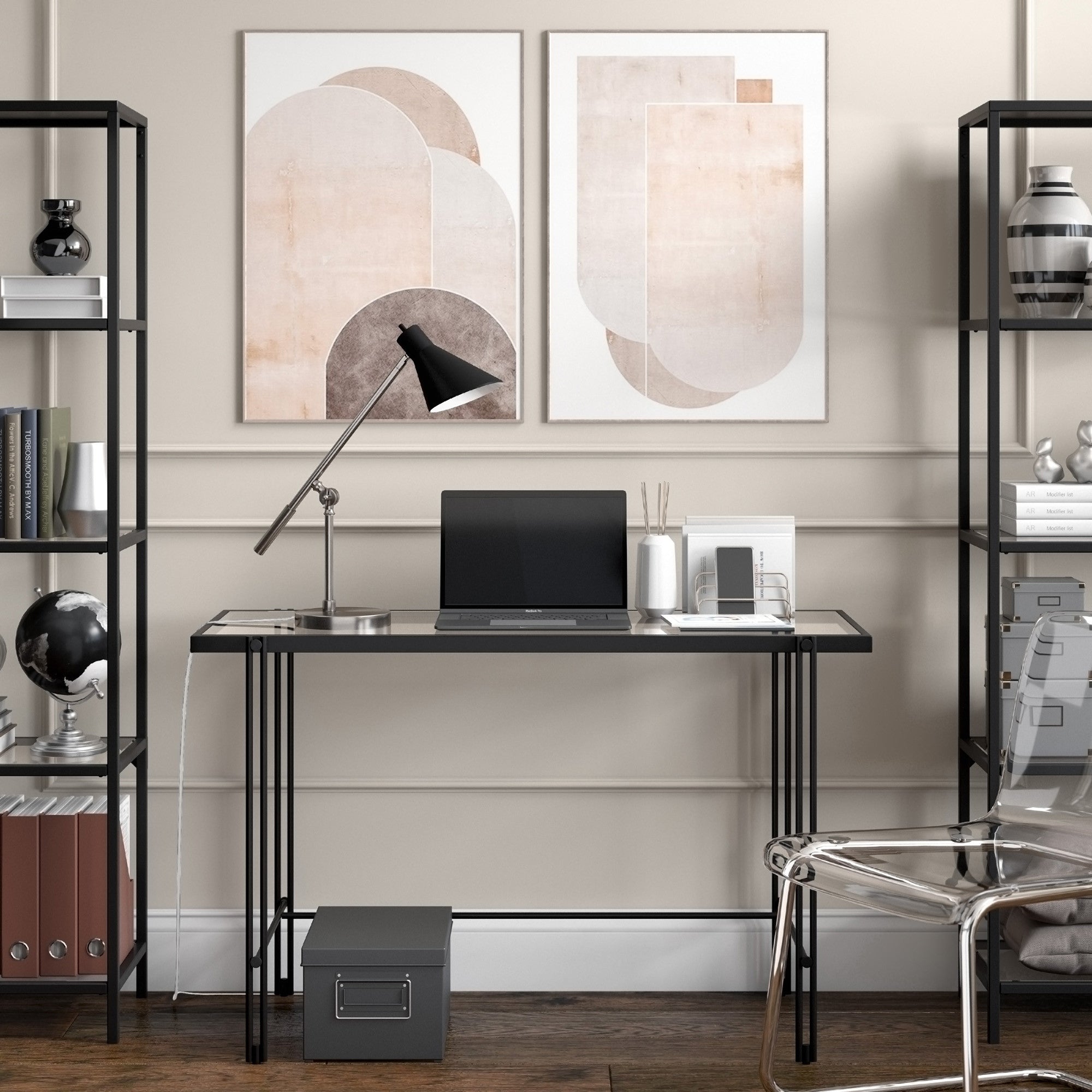 22" Nickel Metal Desk Table Lamp With Black Cone Shade 