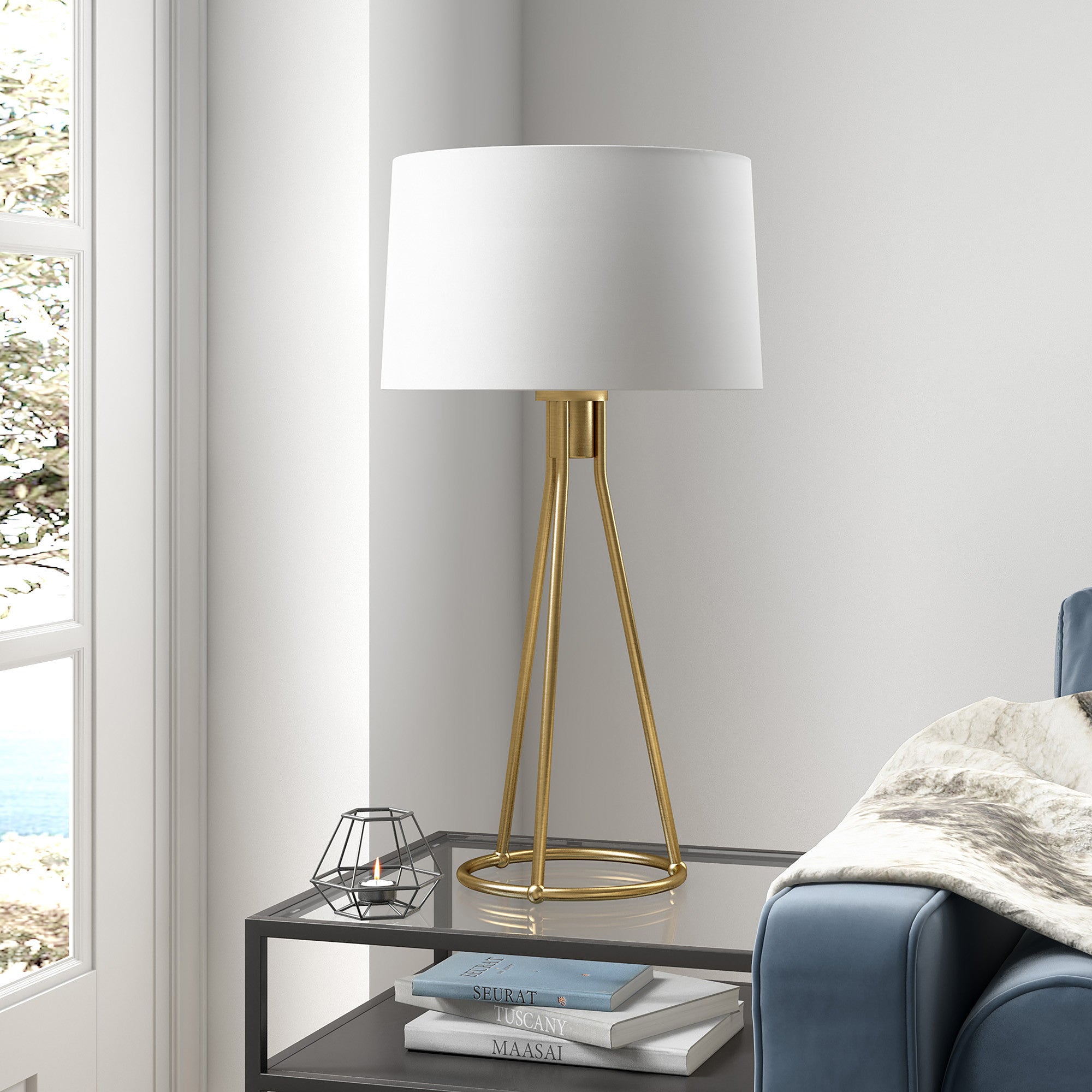 28" Brass Metal Table Lamp With White Drum Shade 