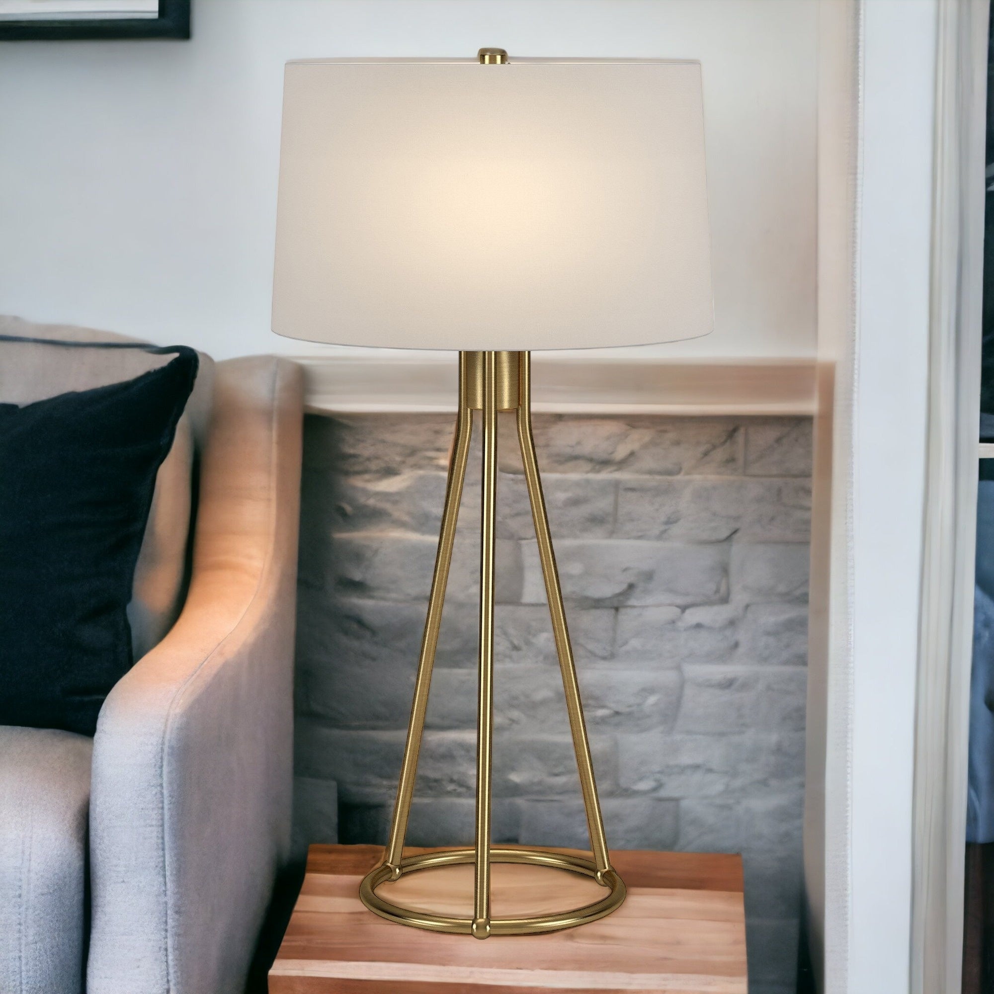 28" Brass Metal Table Lamp With White Drum Shade 