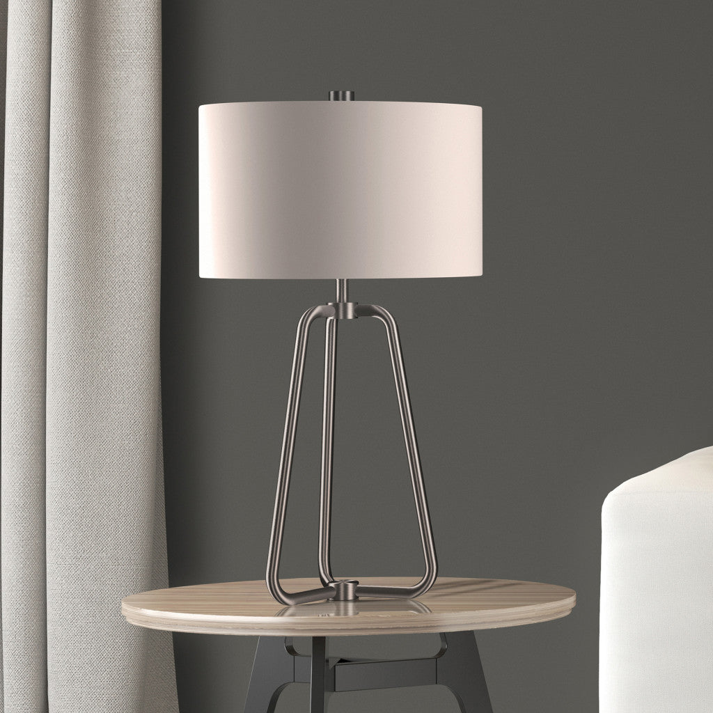 25" Nickel Metal Table Lamp With White Drum Shade 