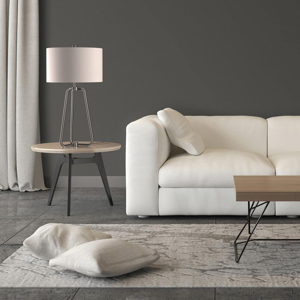 25" Nickel Metal Table Lamp With White Drum Shade 